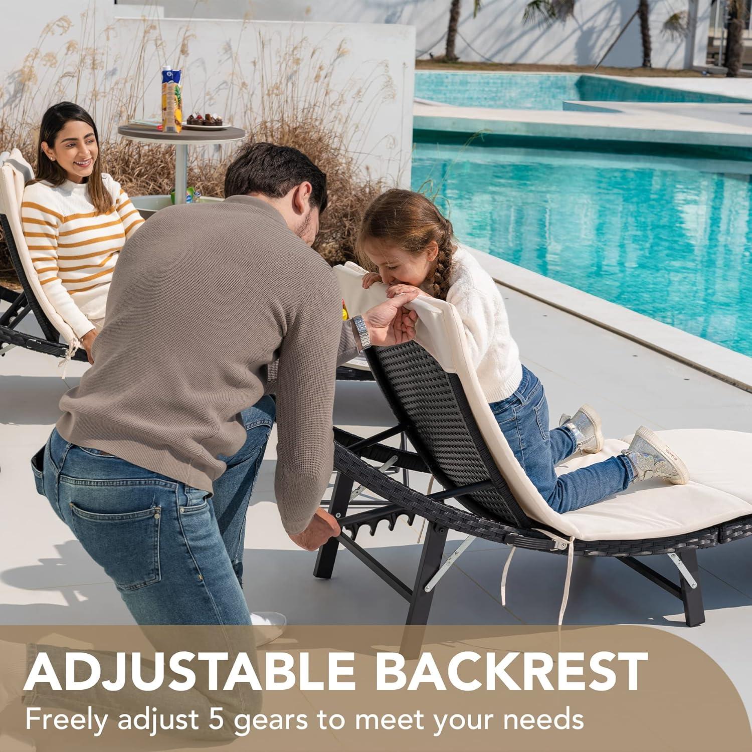 Devoko 3 Pieces Patio Lounge Chaise Chair Set Outdoor PE Rattan Folding Chair Sets with Table, Beige