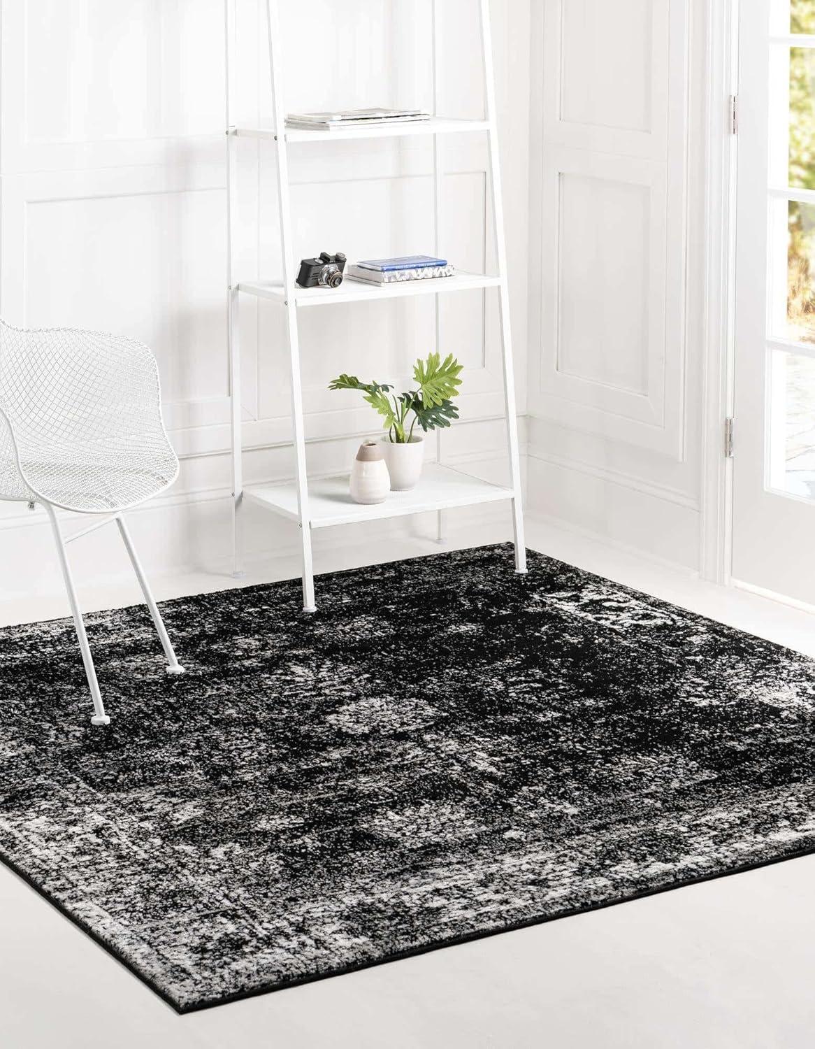 Reversible Medallion Square Indoor Rug in Black - Stain-Resistant Synthetic