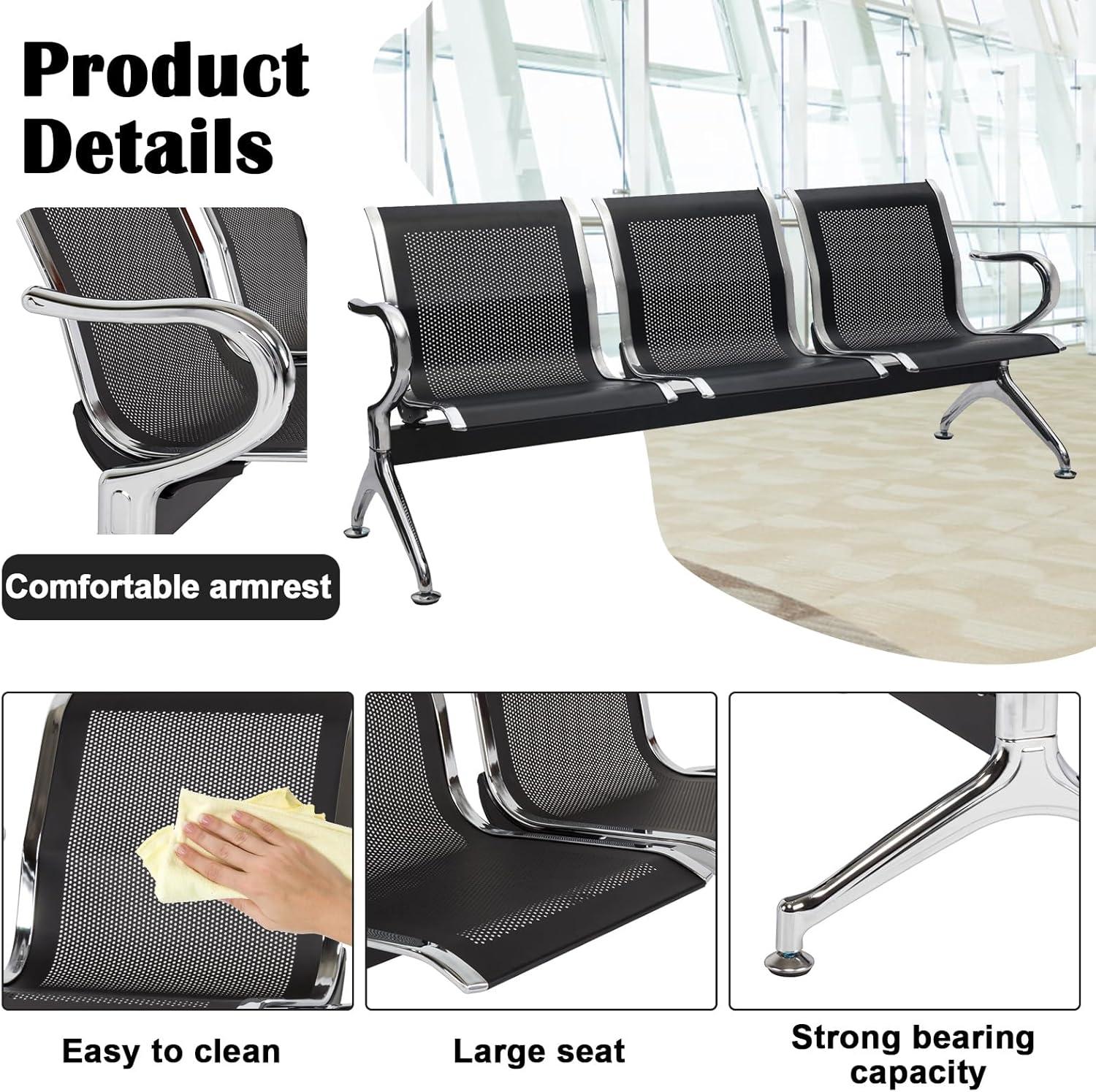 Kinbor Waiting Room Chairs, 3-Seat Reception Chairs Office Guest Waiting Furniture Bench Seating for Airport Bank Hospital, Black
