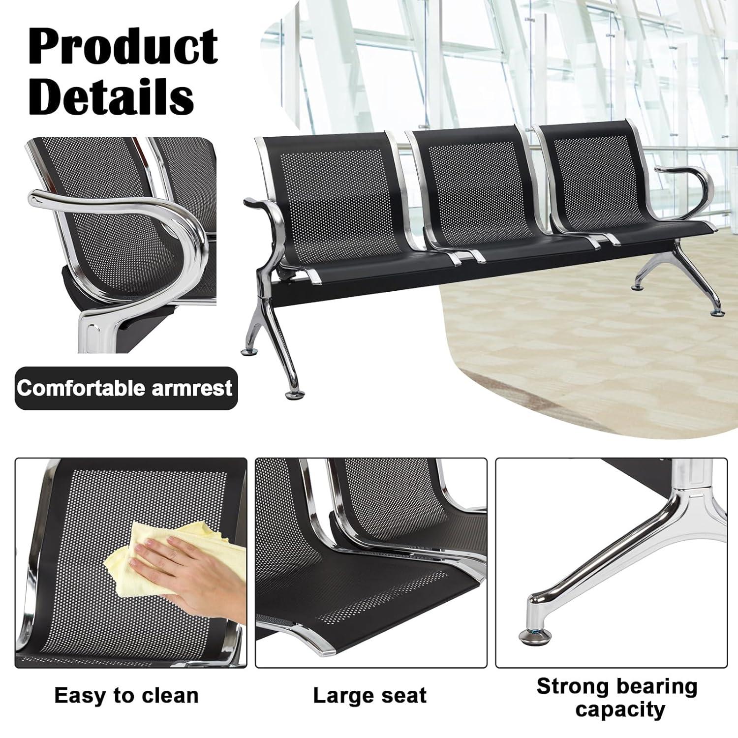 Kinbor Waiting Room Chairs, 3-Seat Reception Chairs Office Guest Waiting Furniture Bench Seating for Airport Bank Hospital, Black