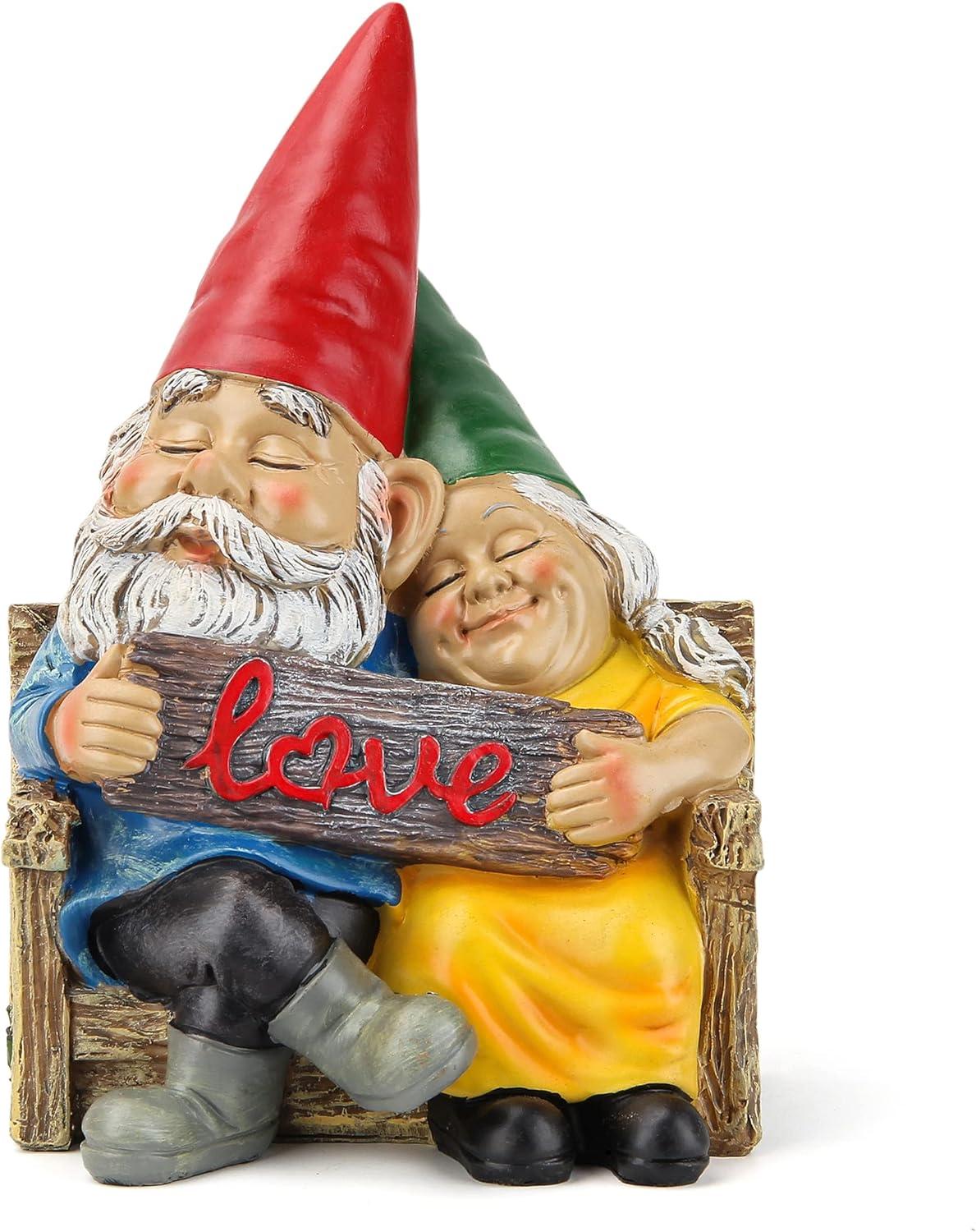 Colorful Resin Couple Gnomes on Log with Mushroom Table