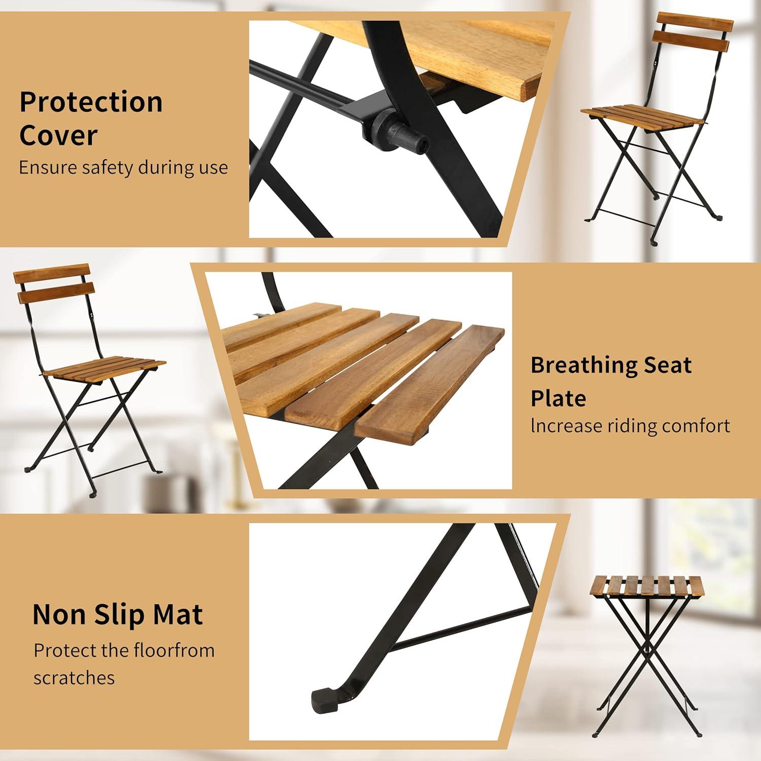 BestMassage 3 Piece Bistro Set Folding Chairs Table with Weather-Resistant Wood, Natural