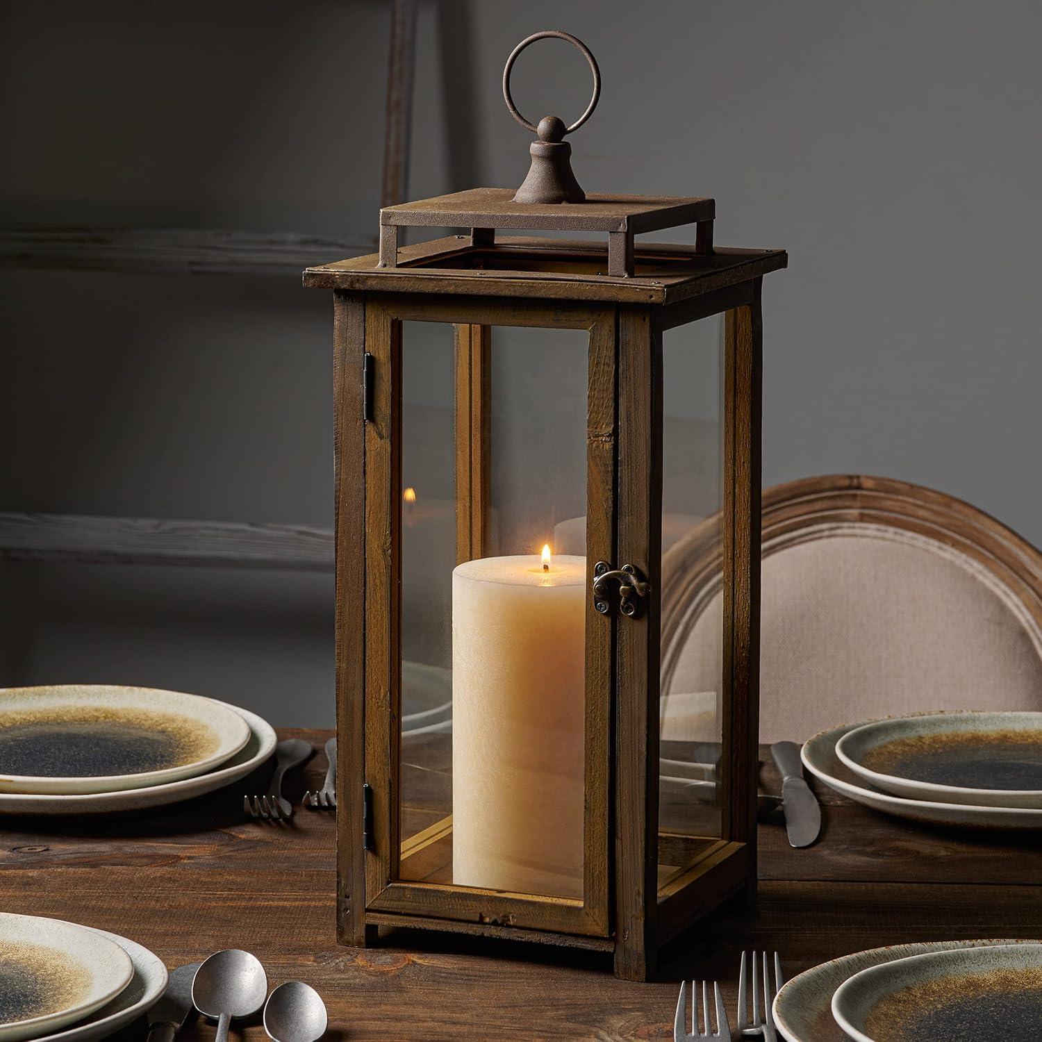 Stonebriar Decorative Rustic Wooden Candle Lantern with Handle and Hinged Door, Large, Brown