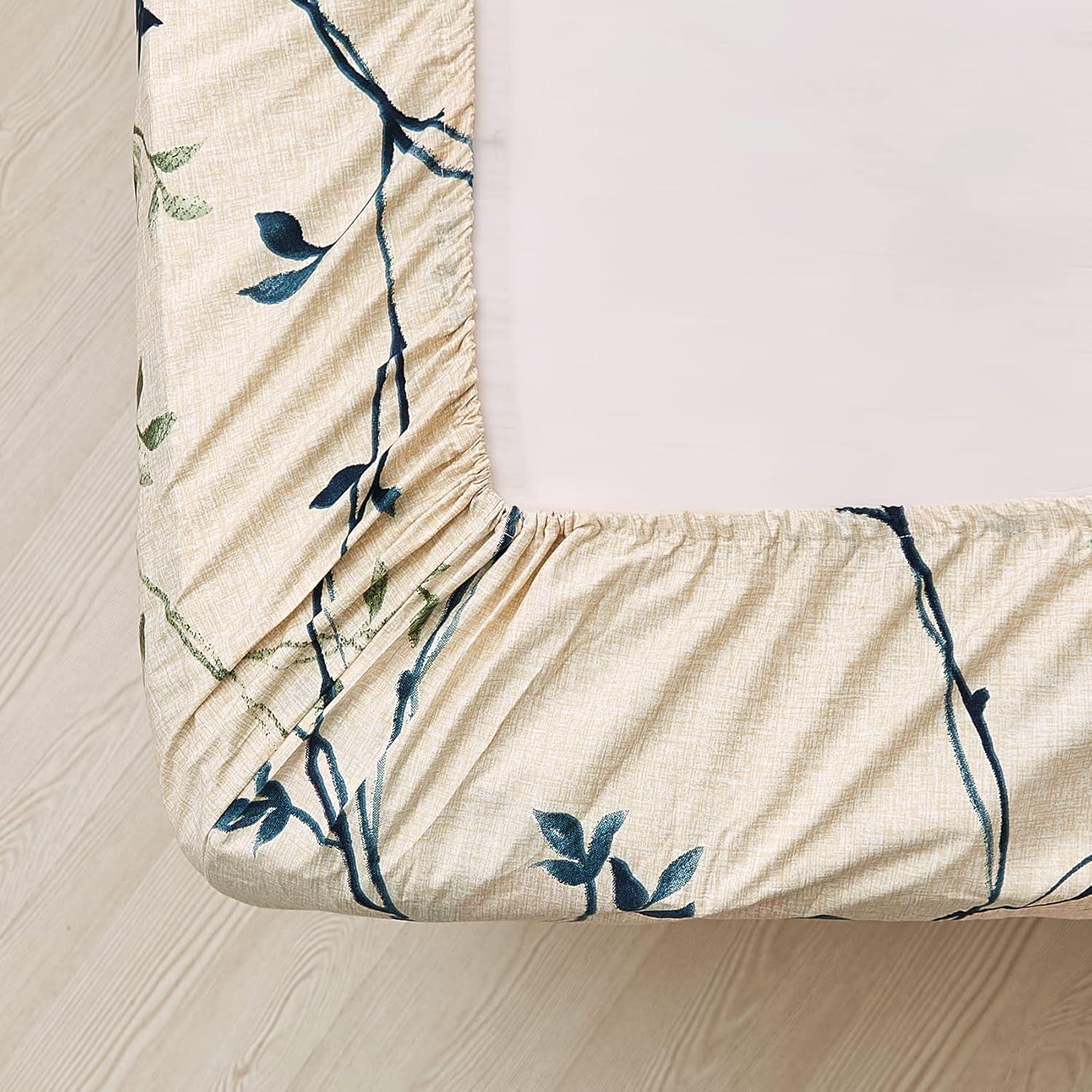 Queen Beige and Blue Botanical Print Microfiber Sheet Set