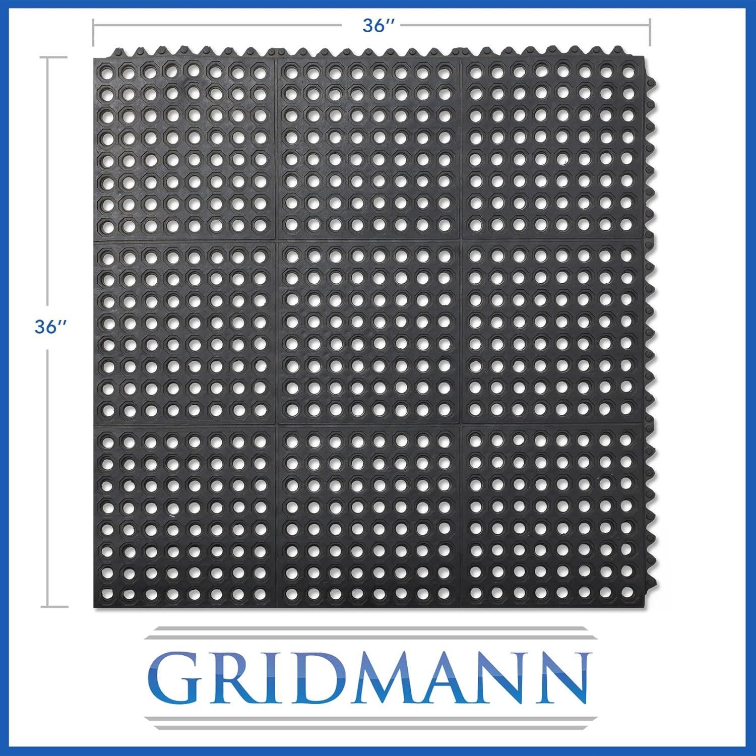 GRIDMANN Commercial Restaurant Floor Mat, 36" x 36" Interlocking Mat, Non-Slip and Grease Resistant Anti-Fatigue Rubber Kitchen Drainage Mat, Black