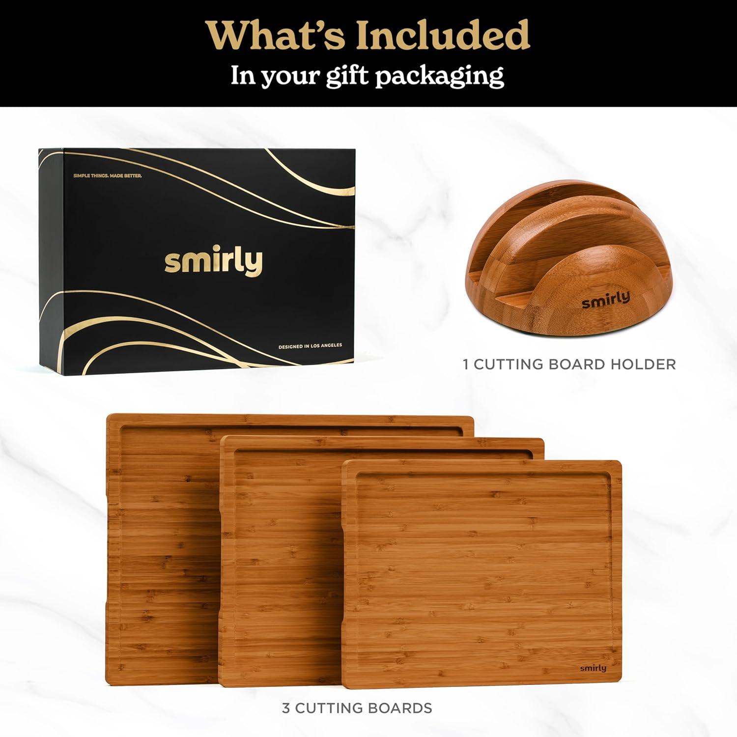 SMIRLY Cutting Board Set Small, Medium & Large Bamboo Cutting Boards with Holder, Brown