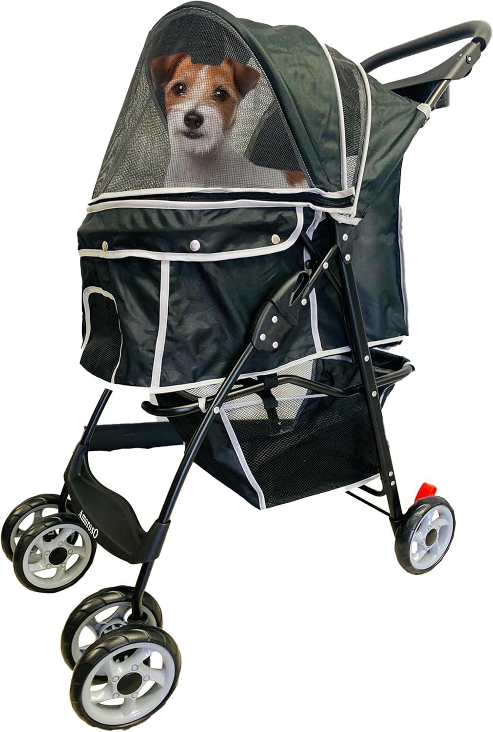 Black Polyester Pet Stroller with Storage Basket