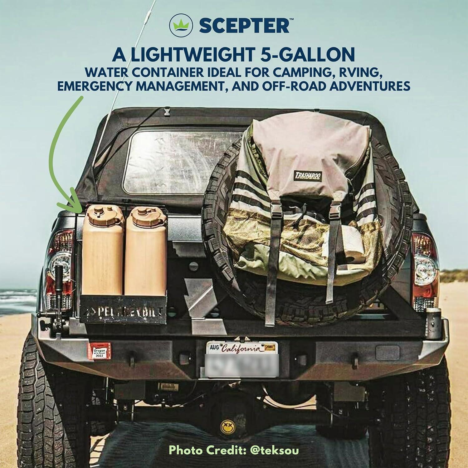 Scepter 5 Gallon Water Container, 20 Liter Portable Military Style Storage for Camping, Outdoors and Emergency, with BPA-Free Plastic, Green, 1 Pack