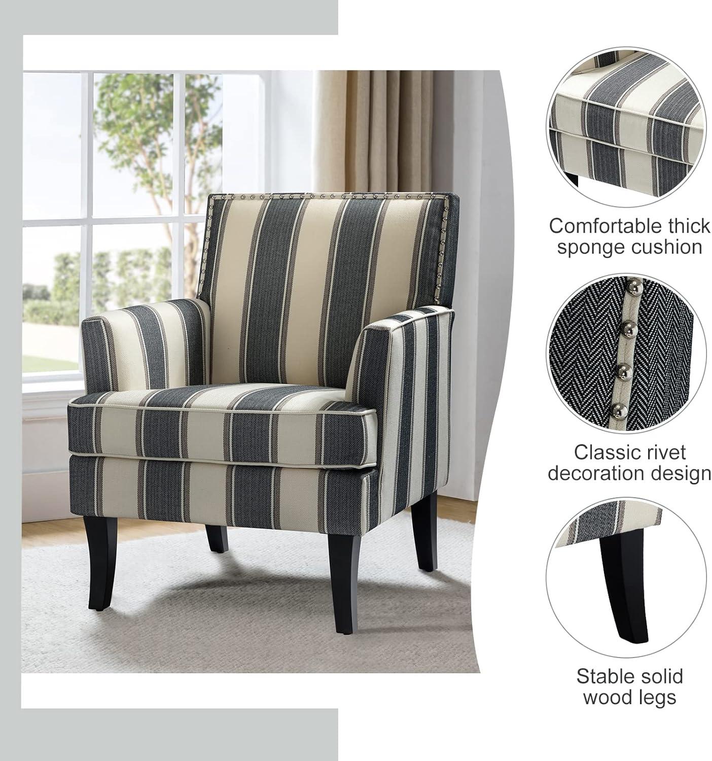 Upholstery Armchairs Set of 2 Accent Chairs Sofa Couch Wood Leg Nailhead Trim Home Living Room Bedroom Stripe White Black