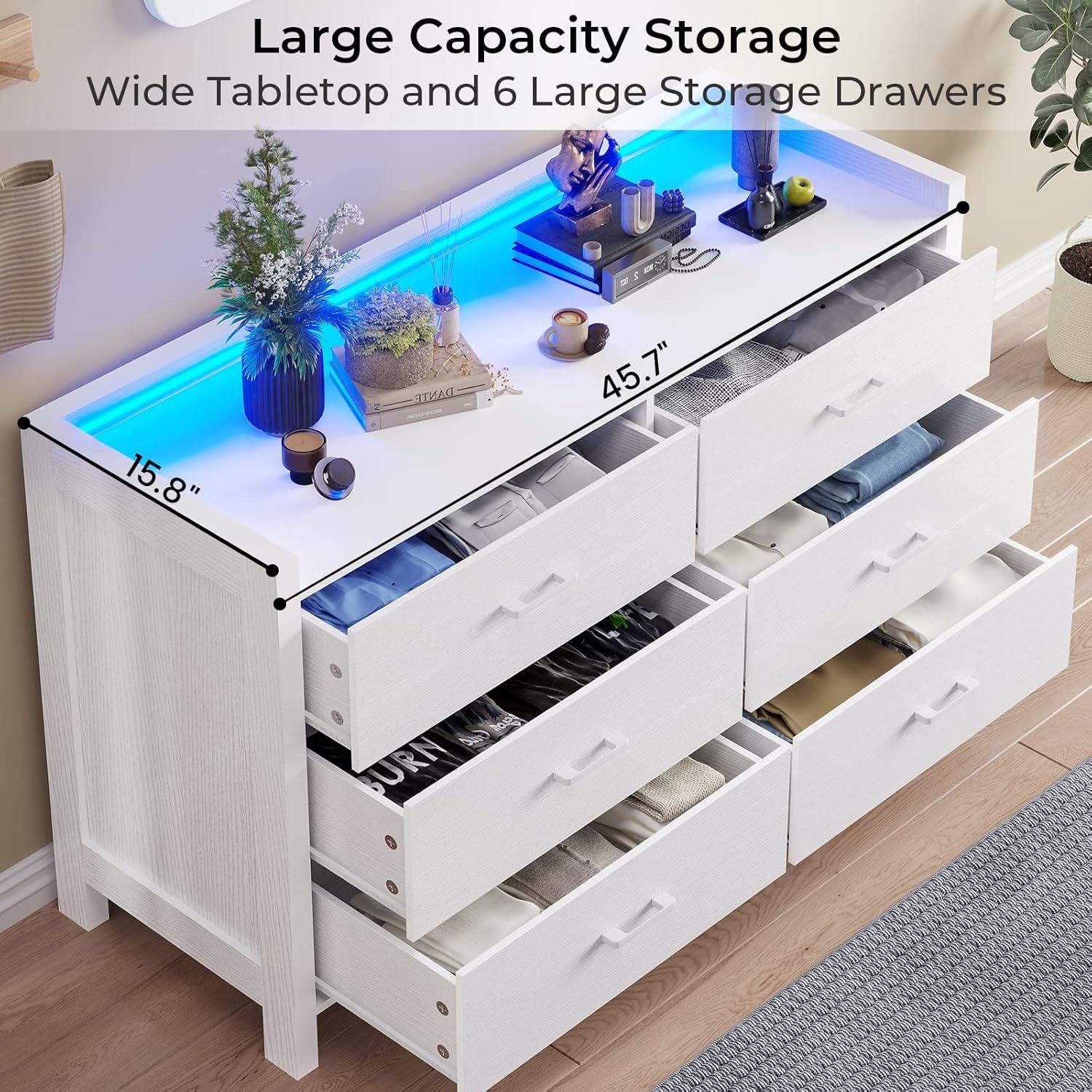 White Dresser with 6 Drawers for Bedroom, Modern Chest of Drawers Storage Dresser with LED Lights for Living Room