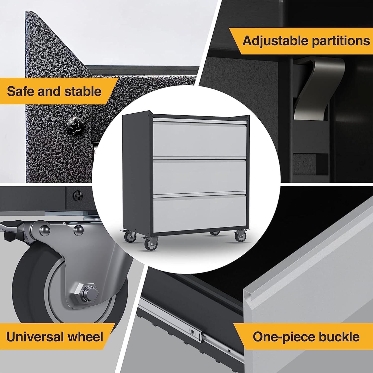 AOBABO Steel Wheeled Lockable Tool Box Supply Cabinet Organizer with Adjustable Storage Shelves for Homes, Offices, and Garages, Black