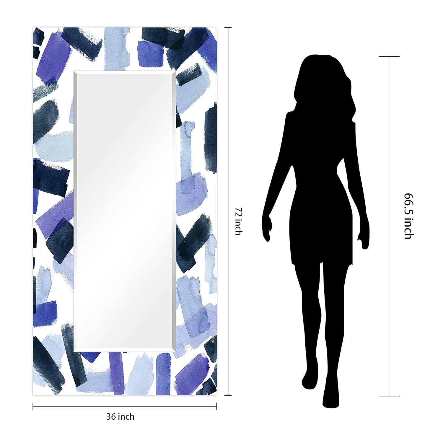 Empire Art Direct Cerulean Strokes Rectangular Beveled Mirror on Free Floating Reverse Printed Tempered Art Glass, 72" x 36" x 0.4", Ready to Hang