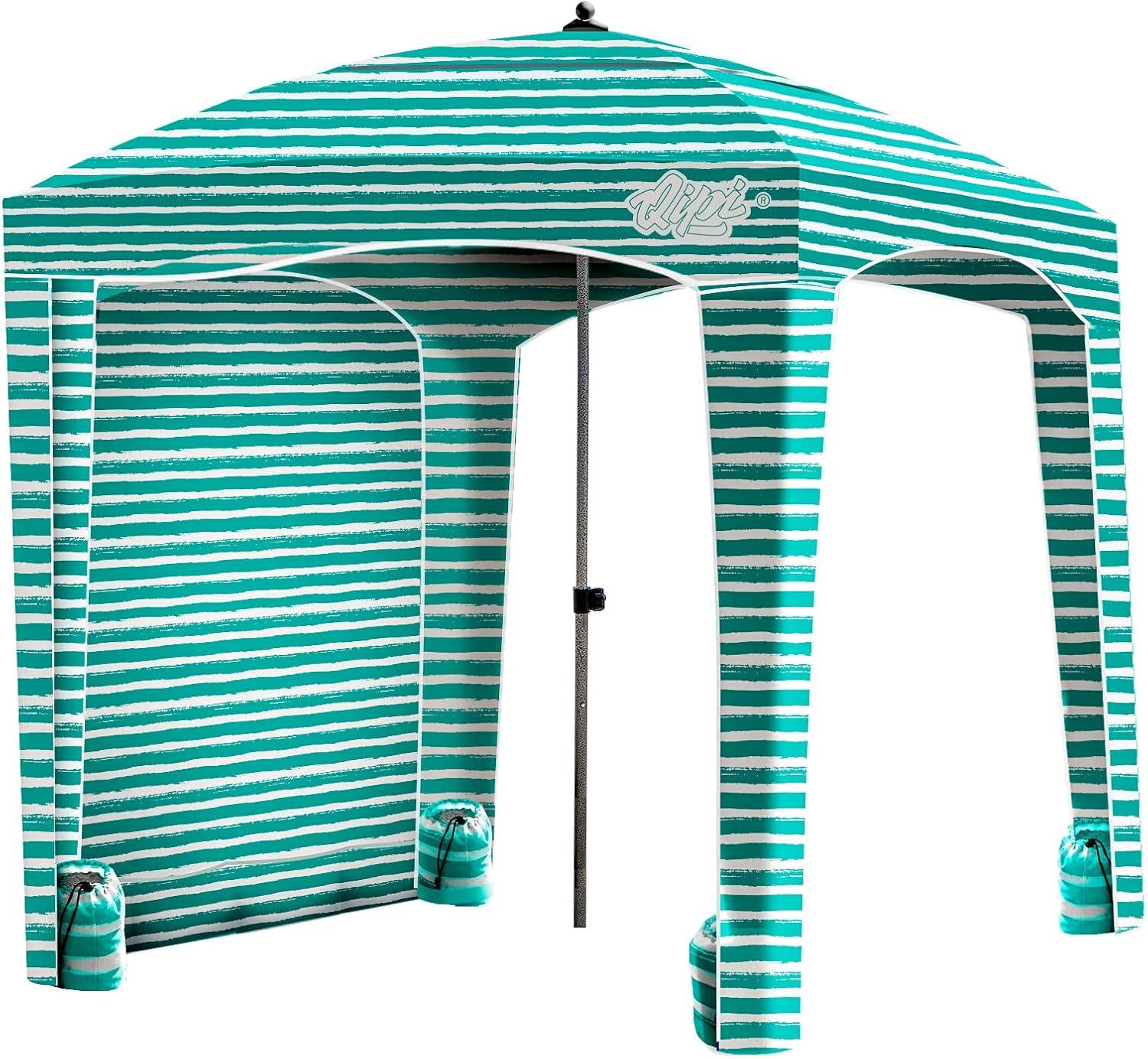 Portable Green and White Striped Beach Cabana with Metal Frame