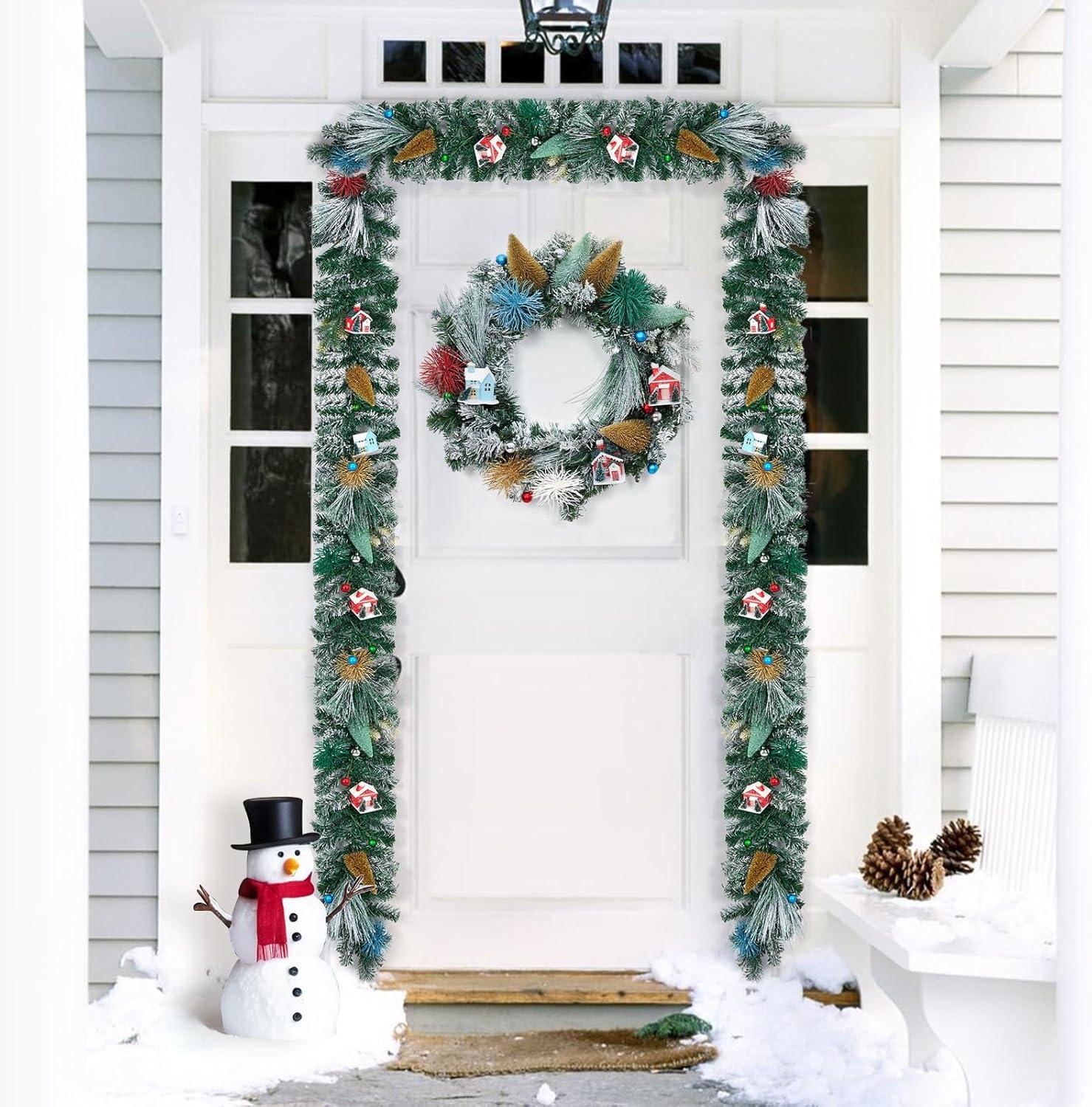 24 Inch Christmas Wreaths for Front Door, Xmas Village Wreath with Tree and Little House Decorations