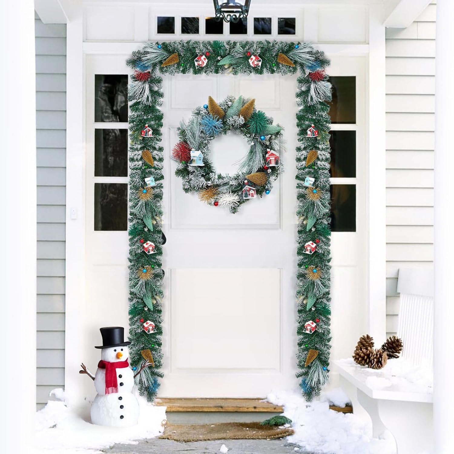 24 Inch Christmas Wreaths for Front Door, Xmas Village Wreath with Tree and Little House Decorations