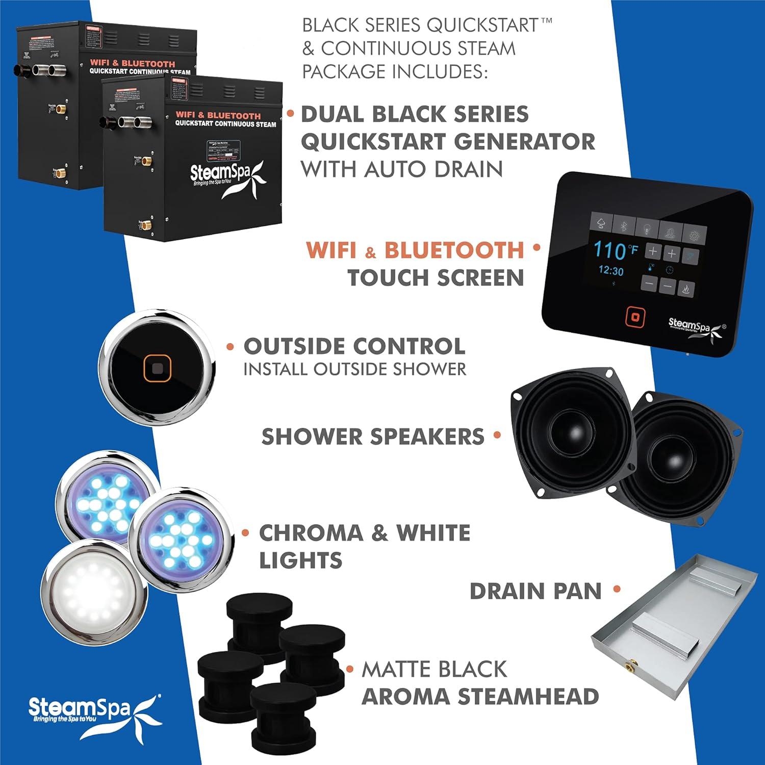 Matte Black Steam Shower Generator Kit with LED Lights and Bluetooth Control