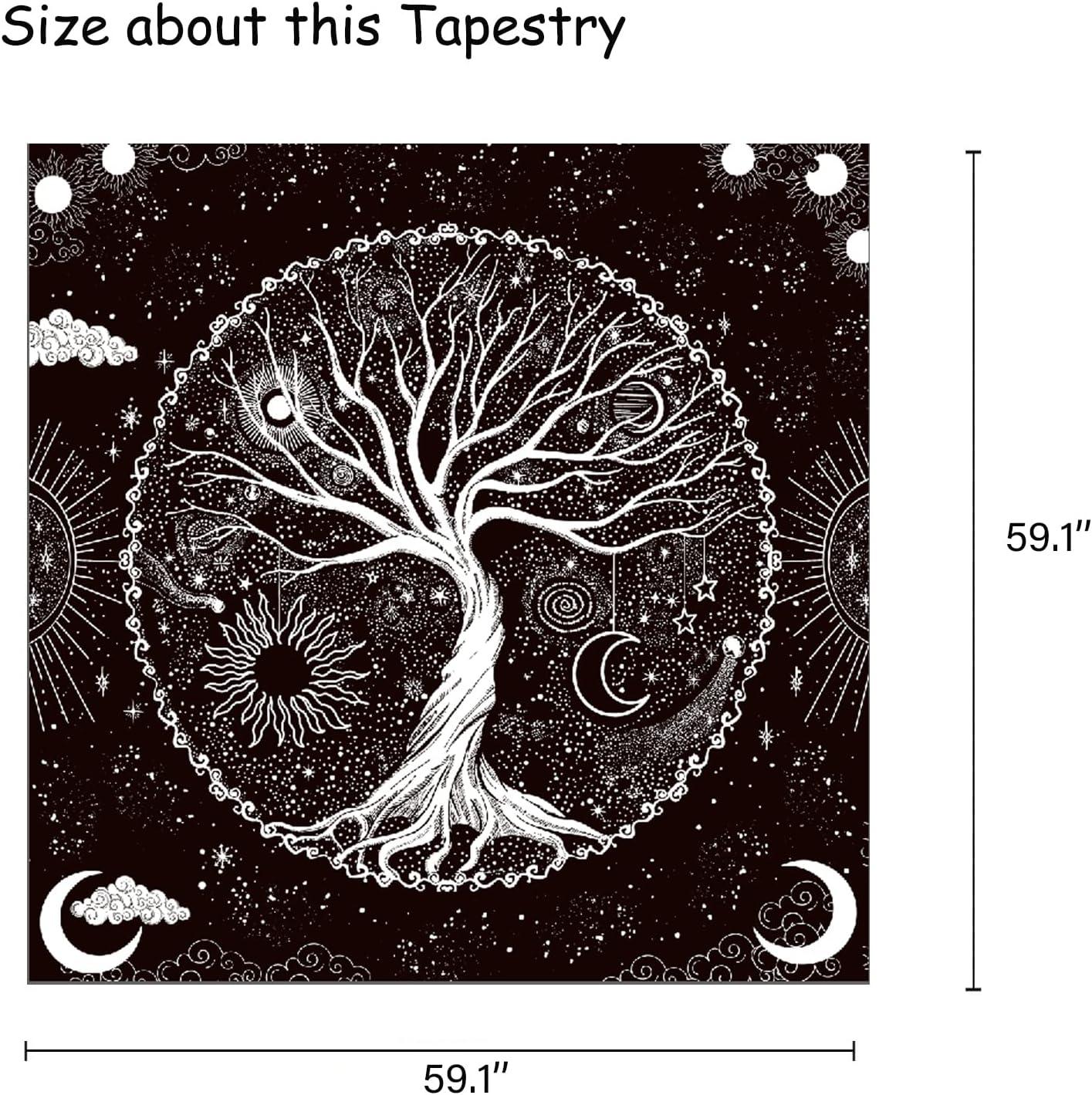 BCIIG Tree of Life Tapestry Wall Hanging Black and White Wishing Tree Galaxy Space Sun & Moon Tapestry Psychedelic Mystical Aesthetics Wall Hanging Living Room Bedroom Cosmic Tree