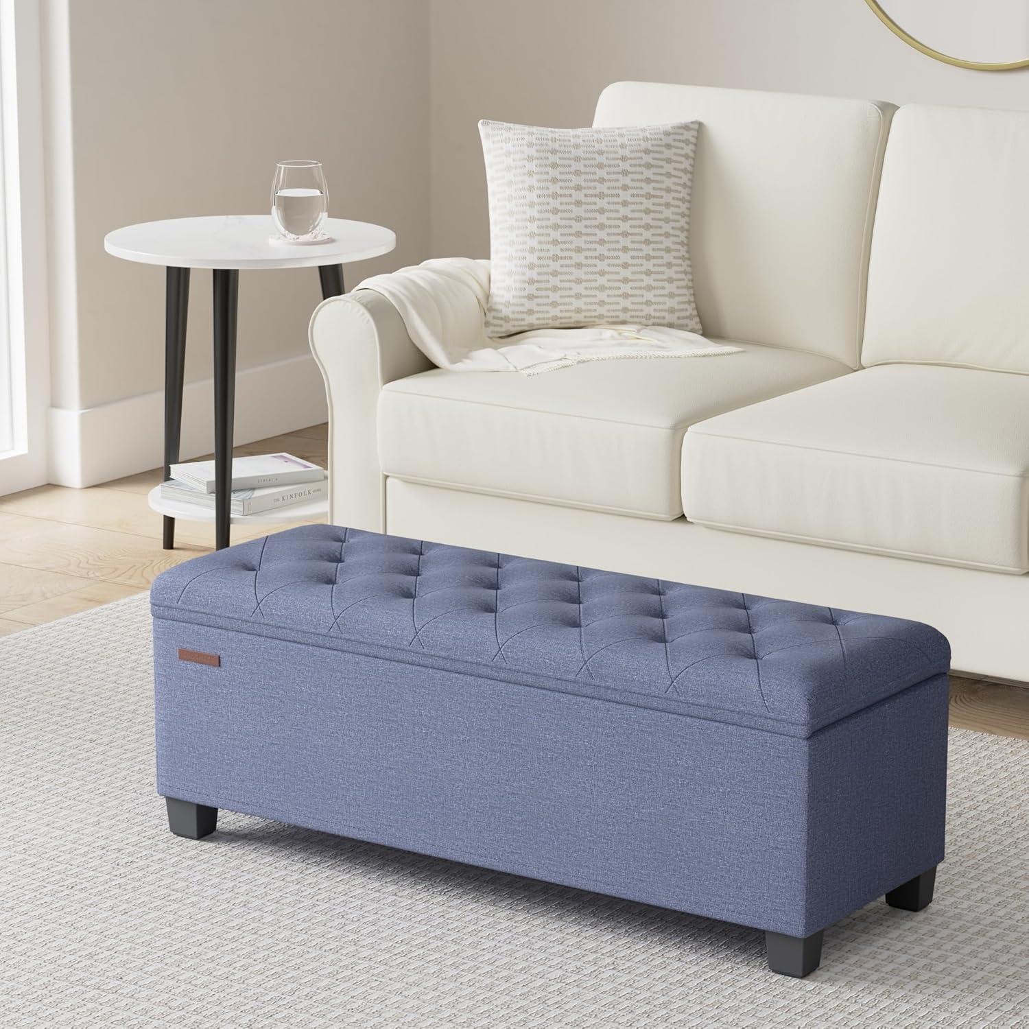 Light Denim Blue Tufted Storage Ottoman Bench with Legs