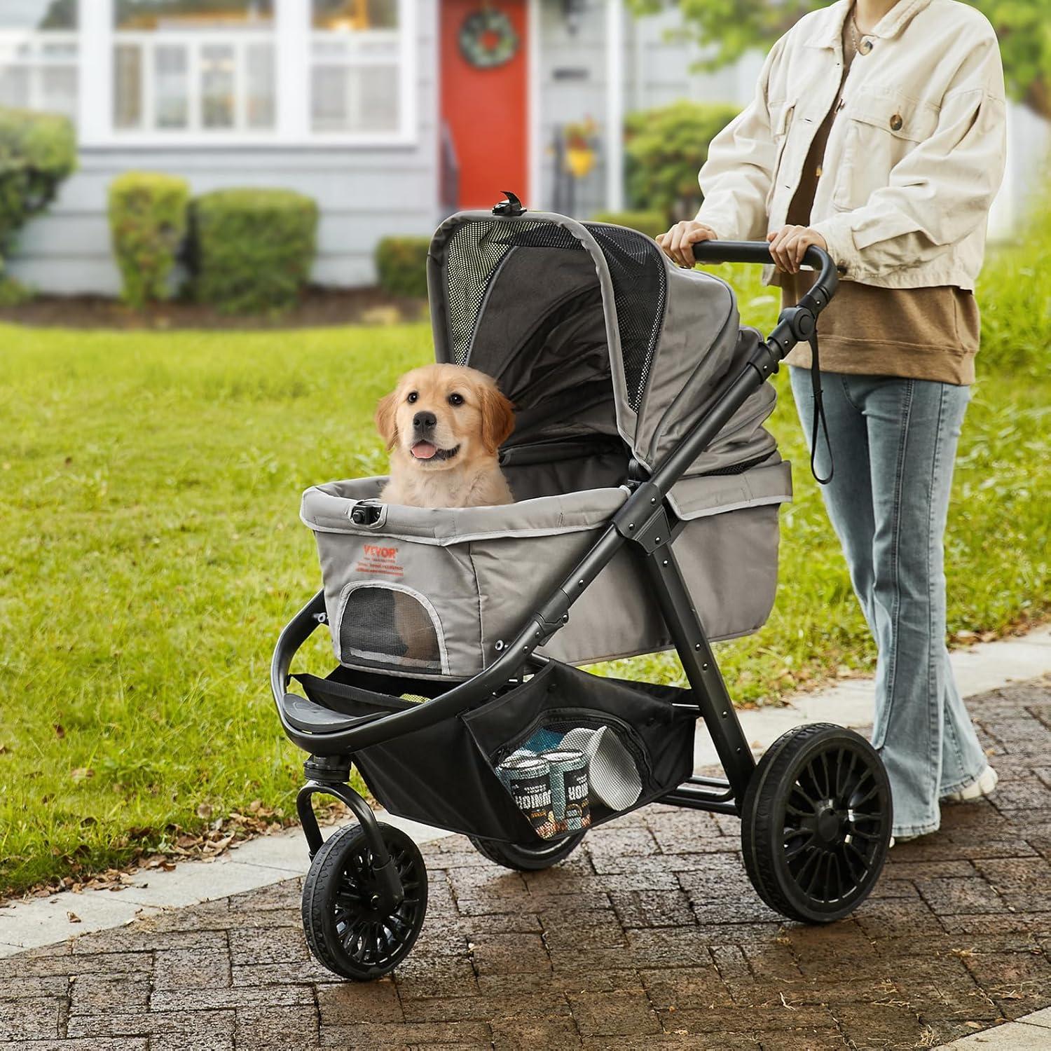 Gray Large Pet Stroller with Adjustable Handle and Storage