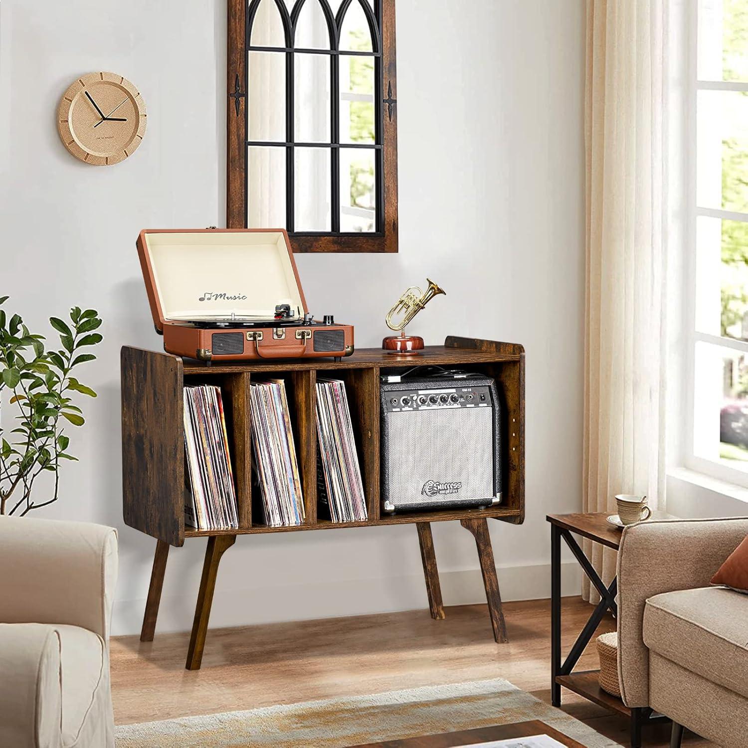 Brown Beech Wood Record Player Stand with Cabinet