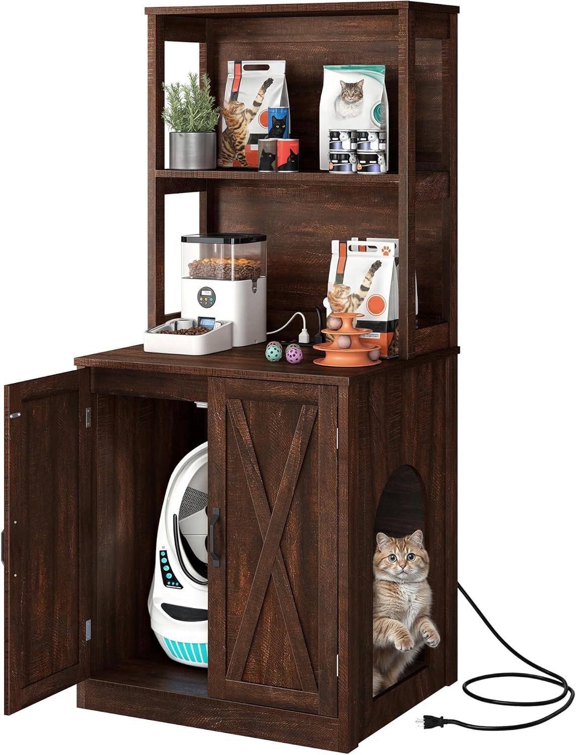 DWVO Large Hidden Cat Litter Box Enclosure Furniture with 2 Shelf Cat Washroom Storage with Charging Station，Wooden Cat Cabinet for Litter Box - Gray