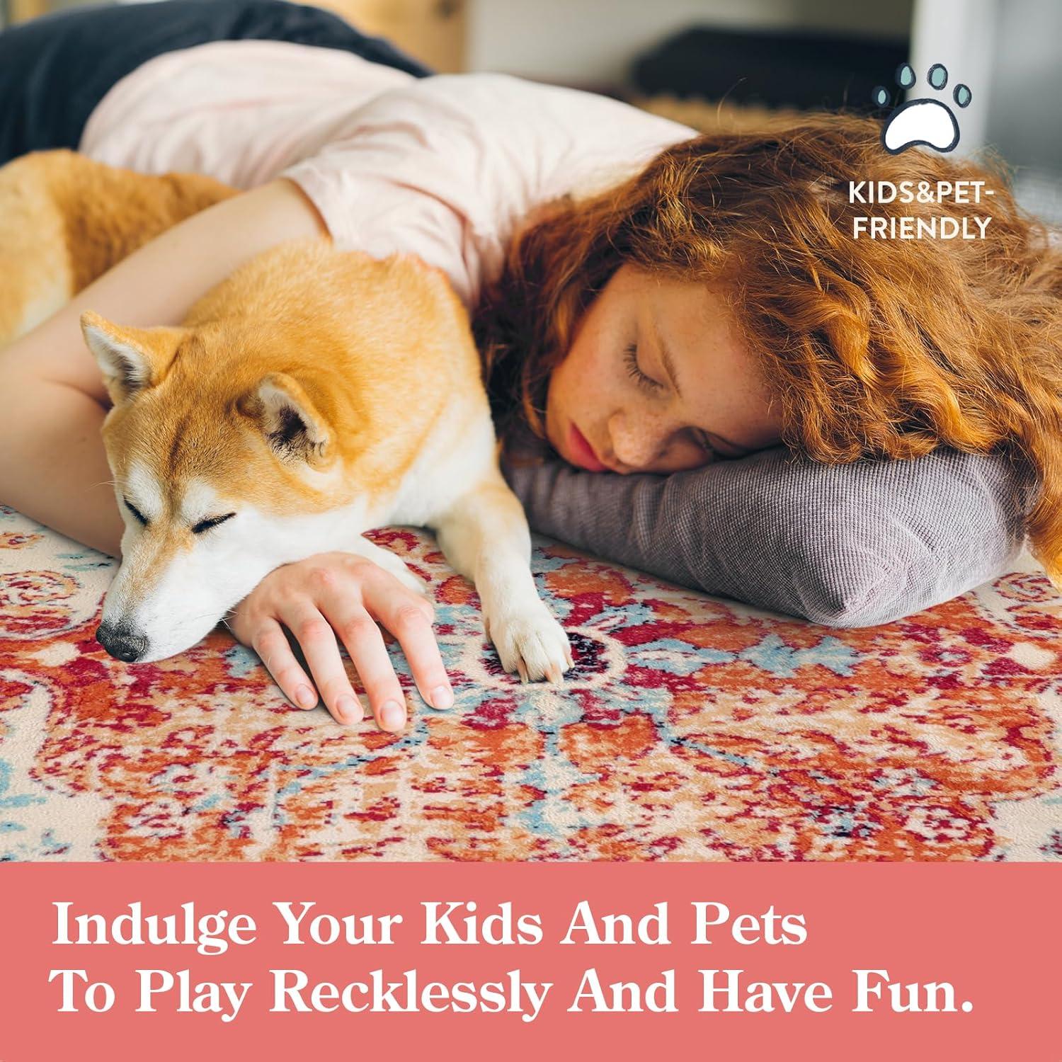 Moynesa 2'x3' Bohemian Area Rug, 2x3ft Small Boho Washable Bathroom Entryway Kitchen Rug,Floral Medallion Non Slip Pet Friendly Vintage Throw Carpet for Front Door Sink Living Room Bedroom, Orange