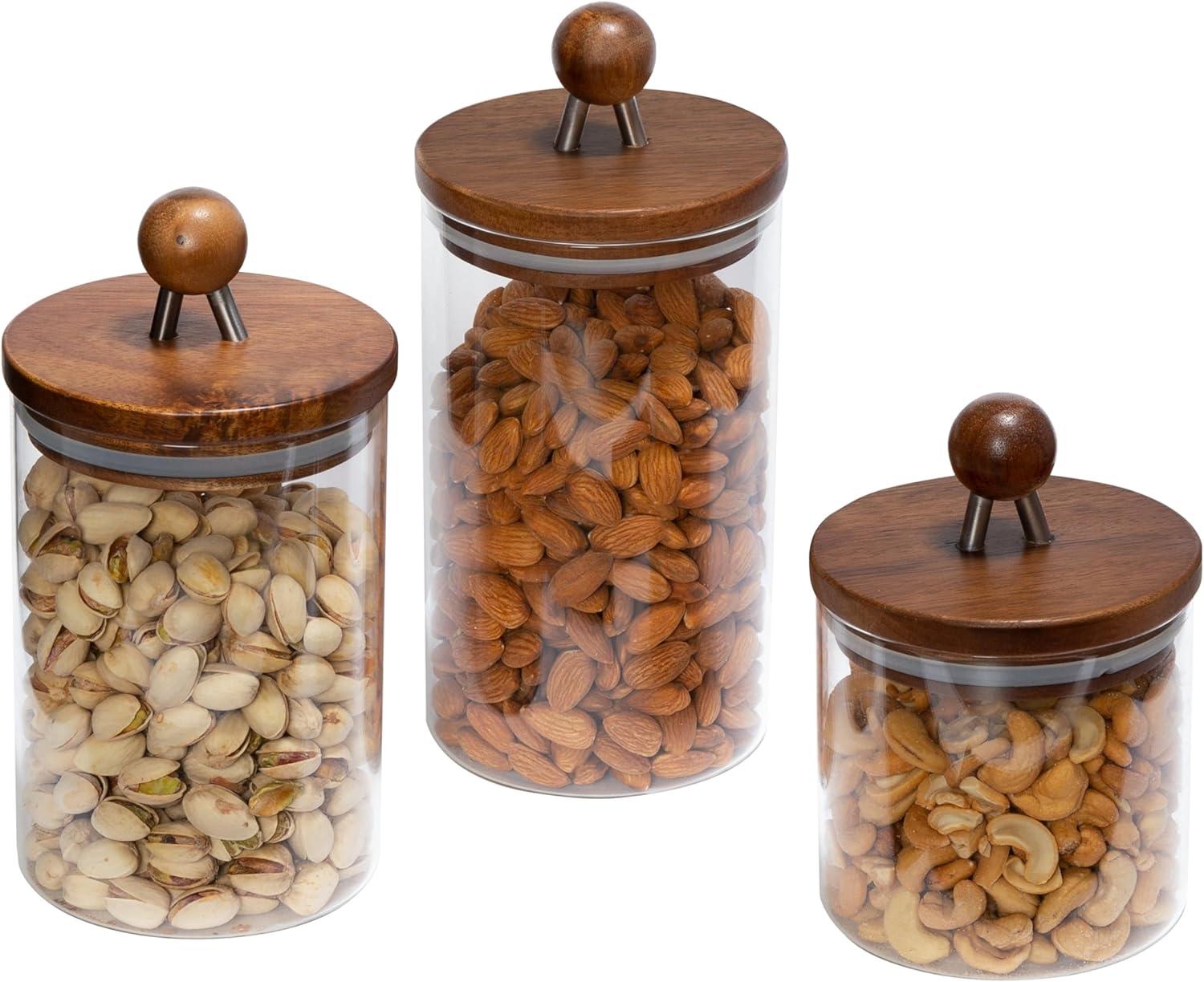 Clear Borosilicate Glass and Acacia Wood 3-Piece Food Jar Set