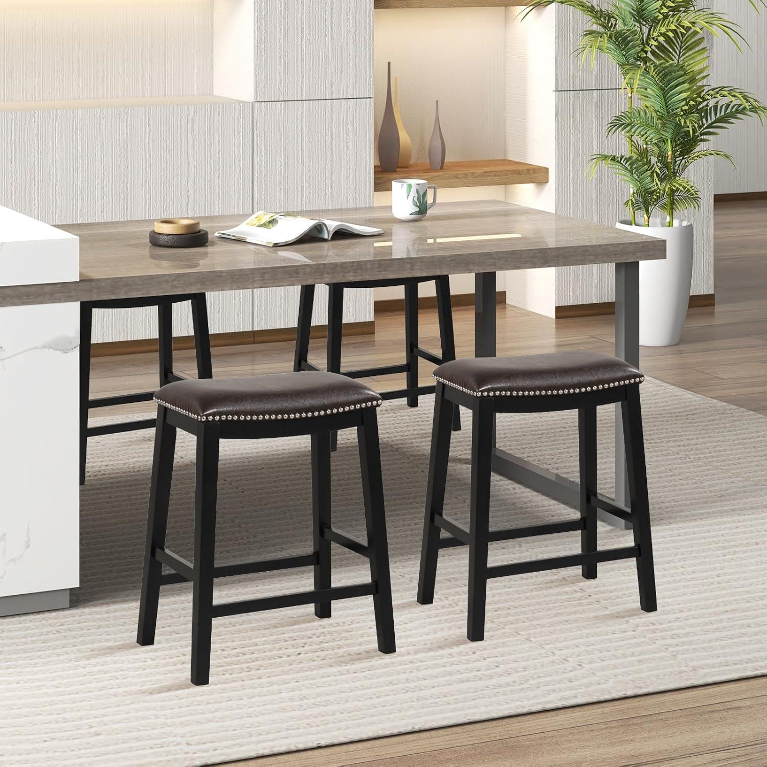 Costway 26-Inch Bar Stool Set of 2 Counter Height Saddle Stools with Upholstered Seat Brown