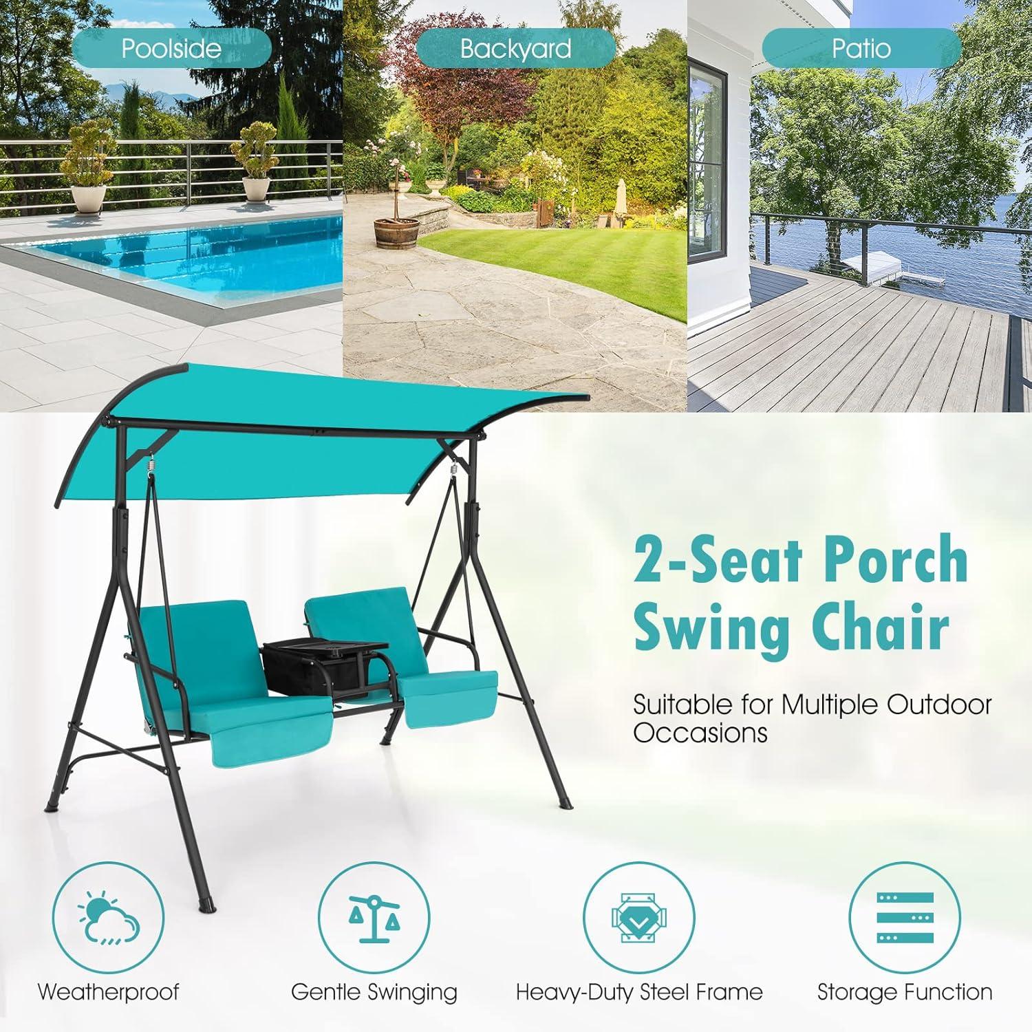 Resenkos Porch Swing, Porch Swing Chair with Adjustable Canopy-Turquoise, Hanging Outdoor Porch Swings for Garden, Backyard