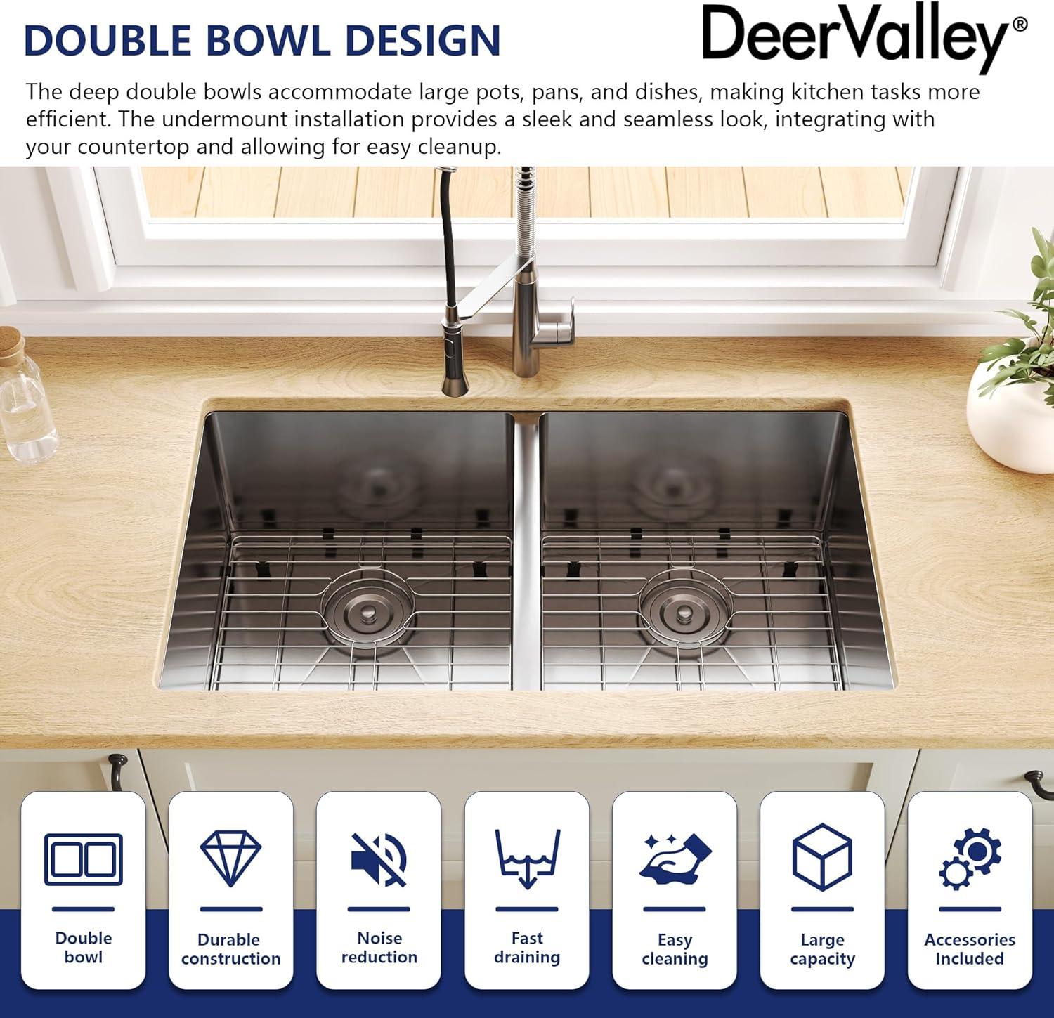 DeerValley 33'' L Undermount 50/50 Double Bowl Stainless Steel Kitchen Sink with Basket Strainers and Stainless Steel Grids