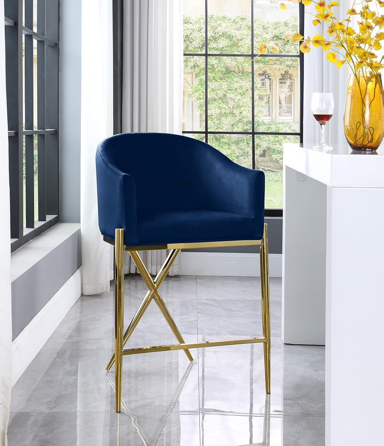 Navy Velvet Counter Stool with Gold Metal Legs