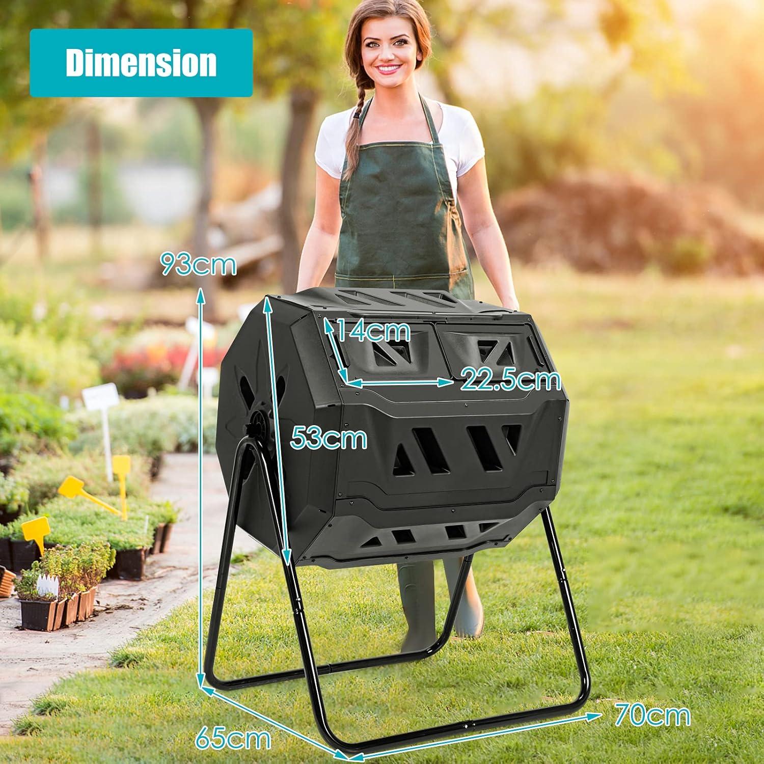 HomGarden Composting Tumbler 43gal Composter Bin W/ Dual Chamber BPA Free Black