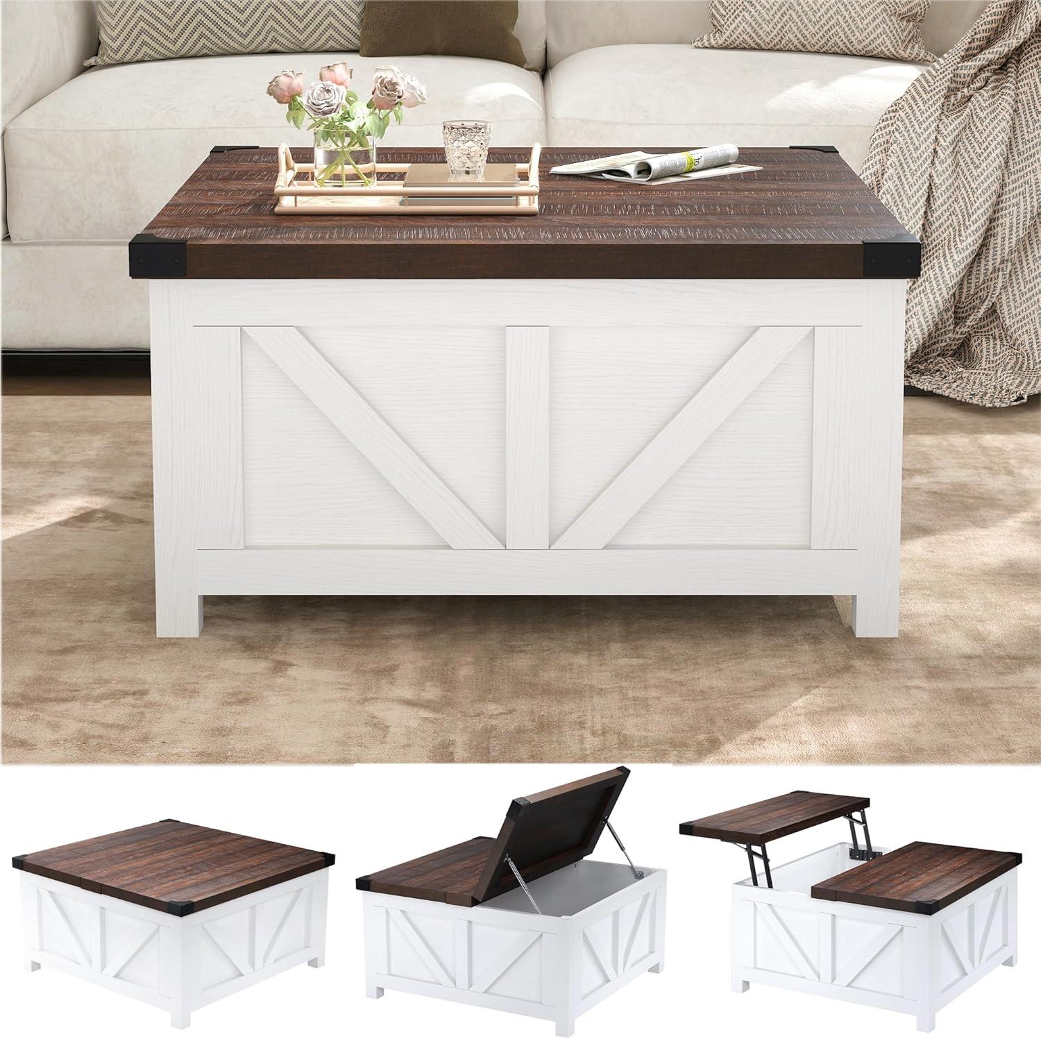 White and Brown Square Lift-Top Coffee Table with Storage