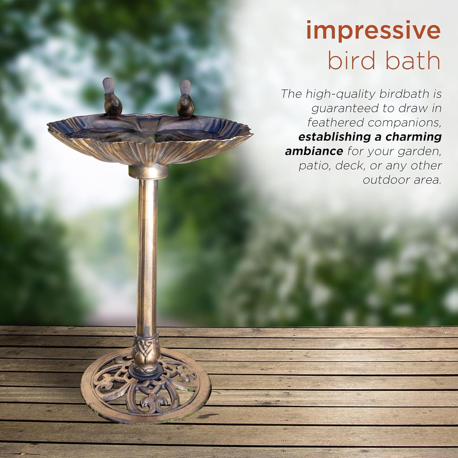 Bronze Outdoor Pedestal Birdbath with Planter and Solar LED