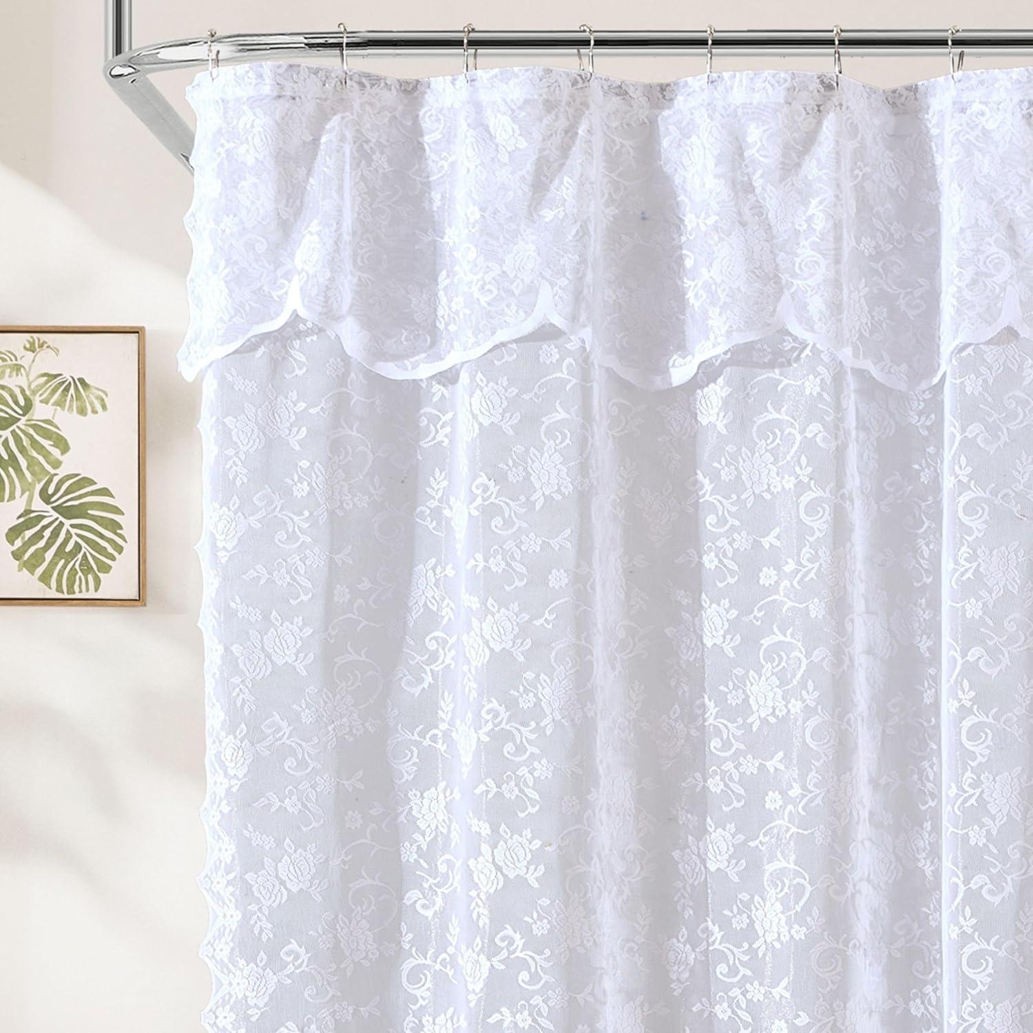 HLC.ME Harper Lace Shower Curtain for Bathroom with Floral Vine Design and Attached Valance – Elegant Victorian Classic Style - White, 72 W x 84 L