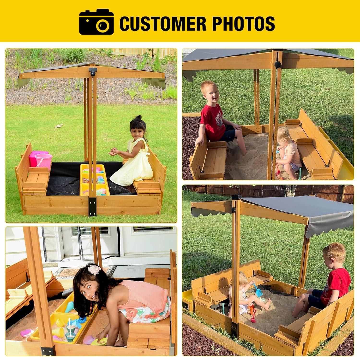 Large Wooden Sandbox with Adjustable Canopy and Toy Bin Storage