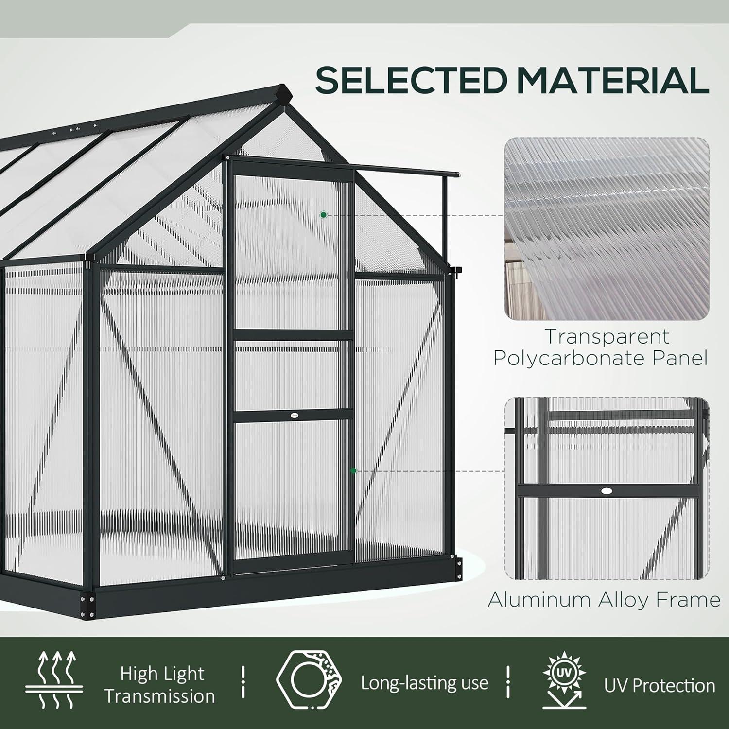 Outsunny 6' x 8' Greenhouse for Outdoors, Polycarbonate Greenhouse with Rain Gutter and Roof Vent, Aluminum Walk-in Green Houses for Outside for Patio Backyard Garden, Gray