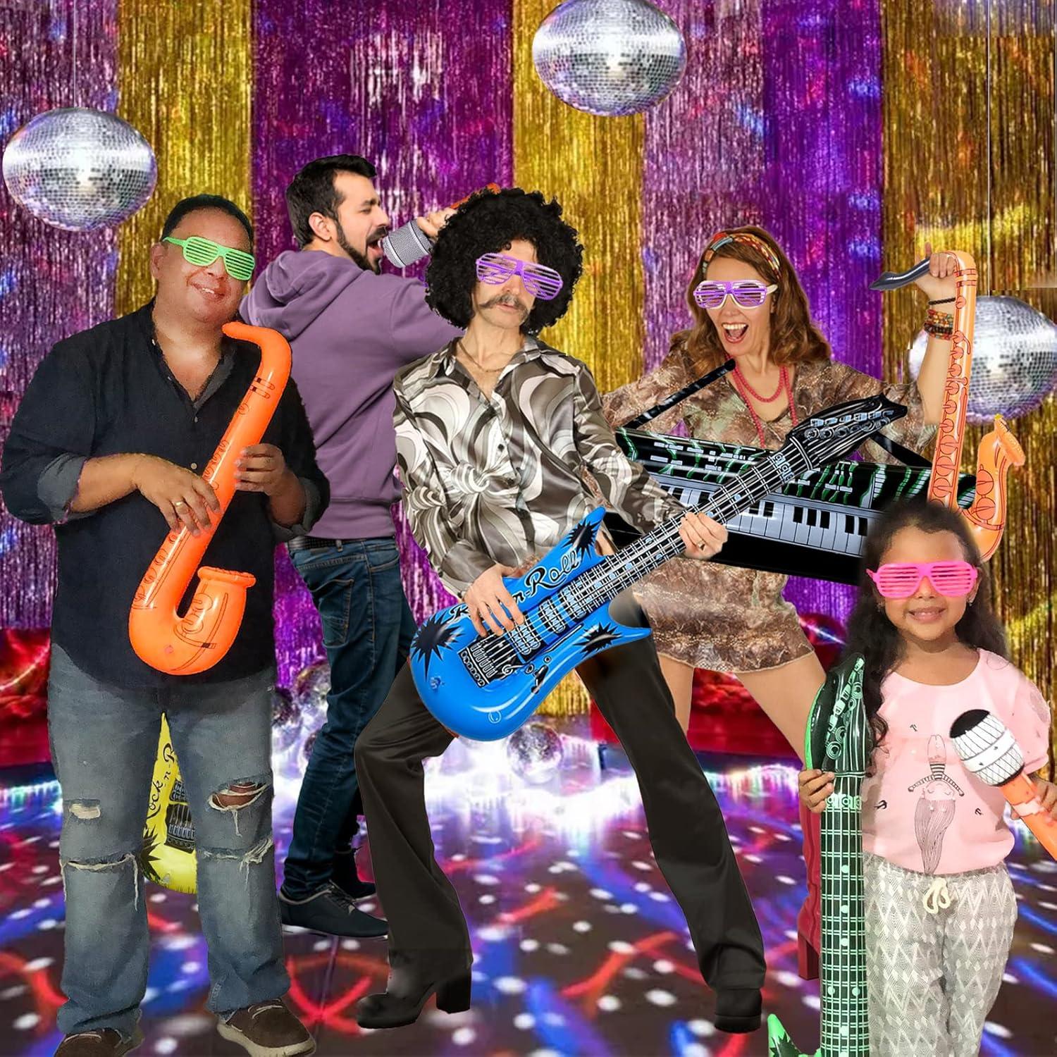 OuMuaMua Inflatable Rock Star Toy Set, 18 Pack Inflatable Party Props - 4 Inflatable Guitar, 6 Microphones, 6 Shutter Shading Glasses, 1 Saxophone and 1 Inflatable Keyboard Piano Inflatable Rock Toys