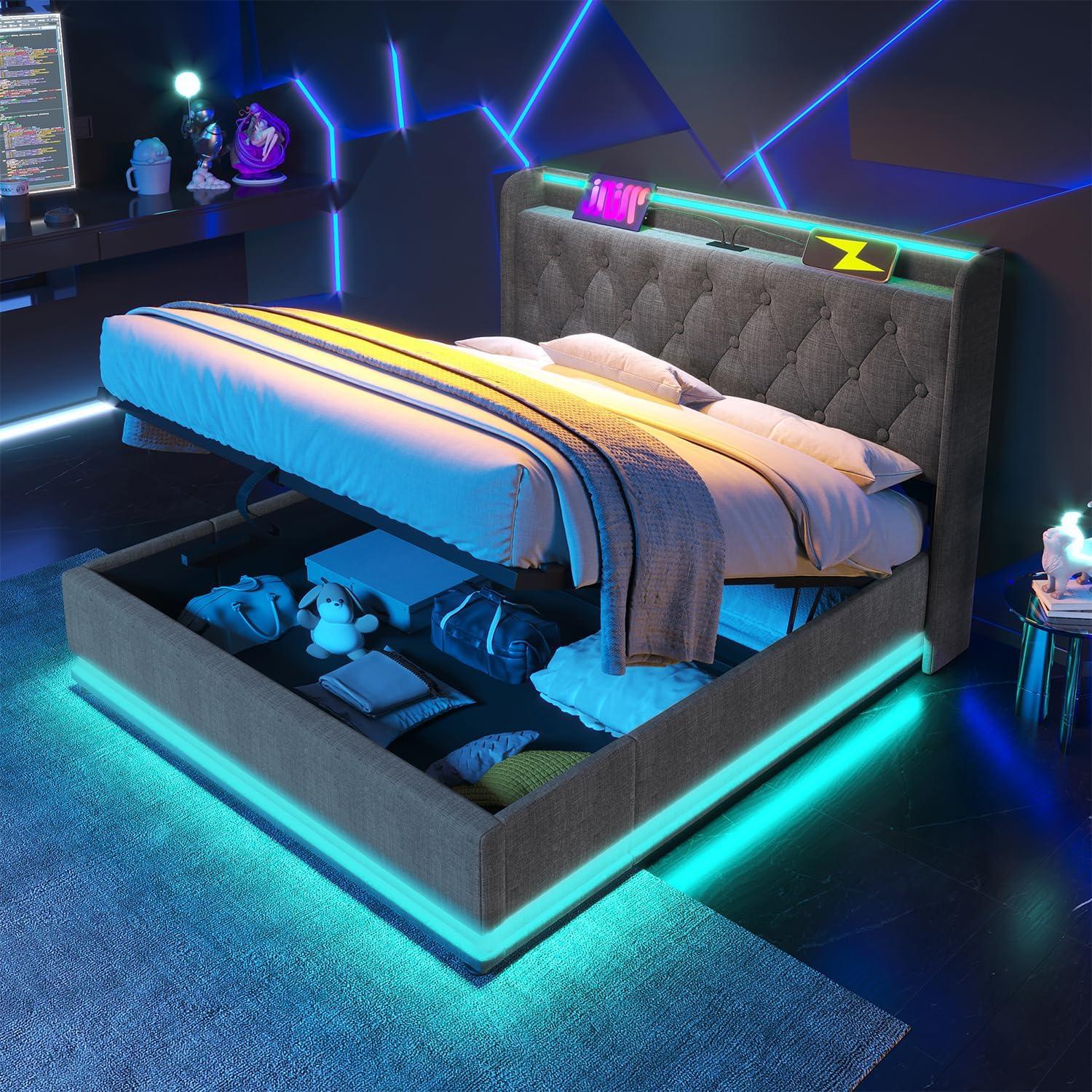 King Size Lift up Storage Platform Bed with 360 Degree Surround LED Light, Bedroom Upholstered Hydraulic Smart Bed Frame, No Noise, No Spring Mattress Required, Easy to Assemble (Gray, King)