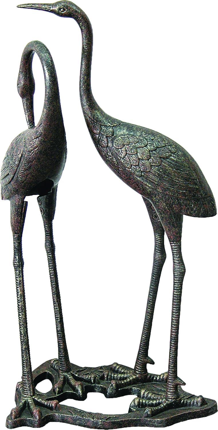 Aged Bronze Heron Duo Garden Statue with Cast Iron Base