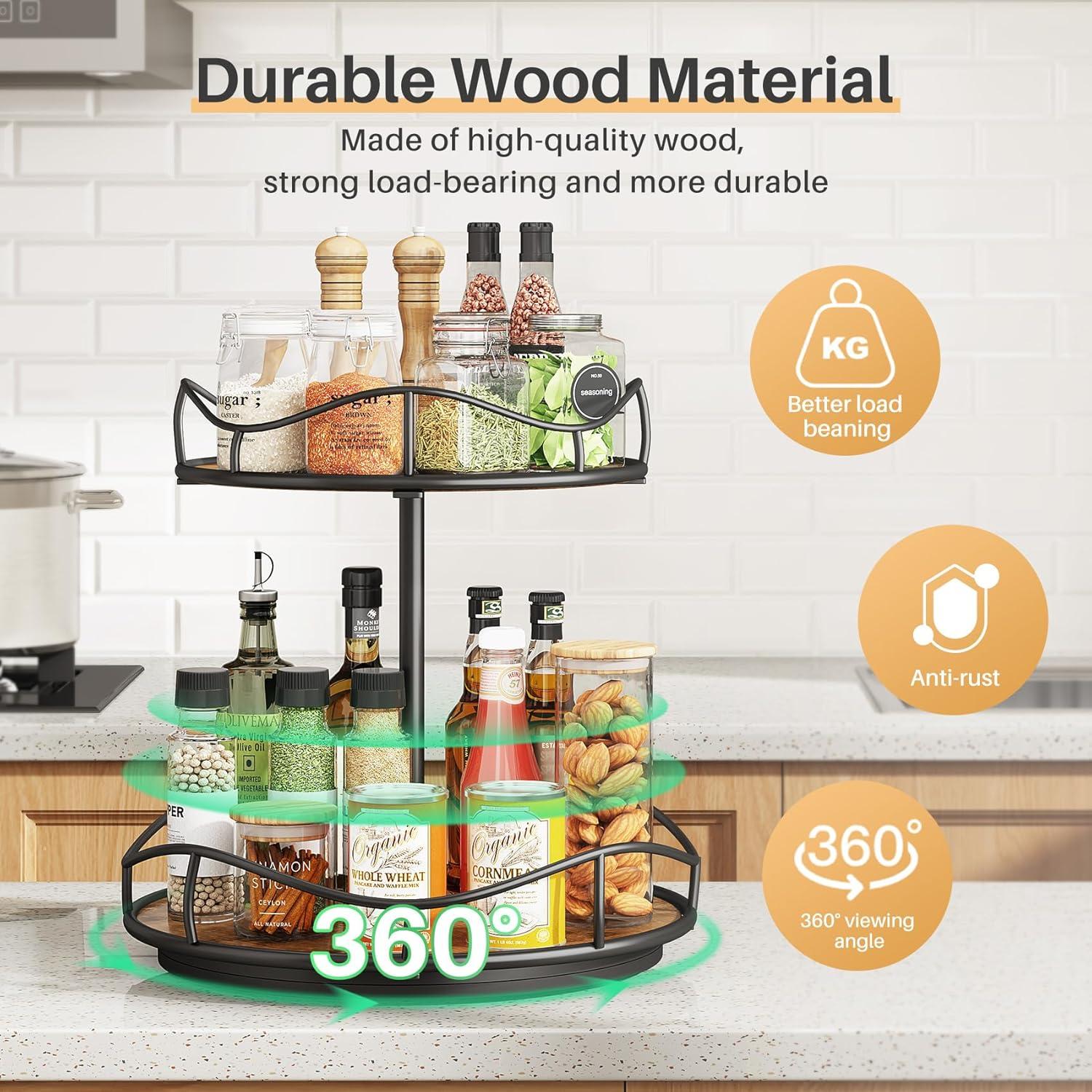 Lazy Susan Organizer Turntable Spice Rack - 2 Tier Wood Rotating Lazy Susan for Cabinet Pantry Kitchen Countertop Dining Table, Organization Storage C43