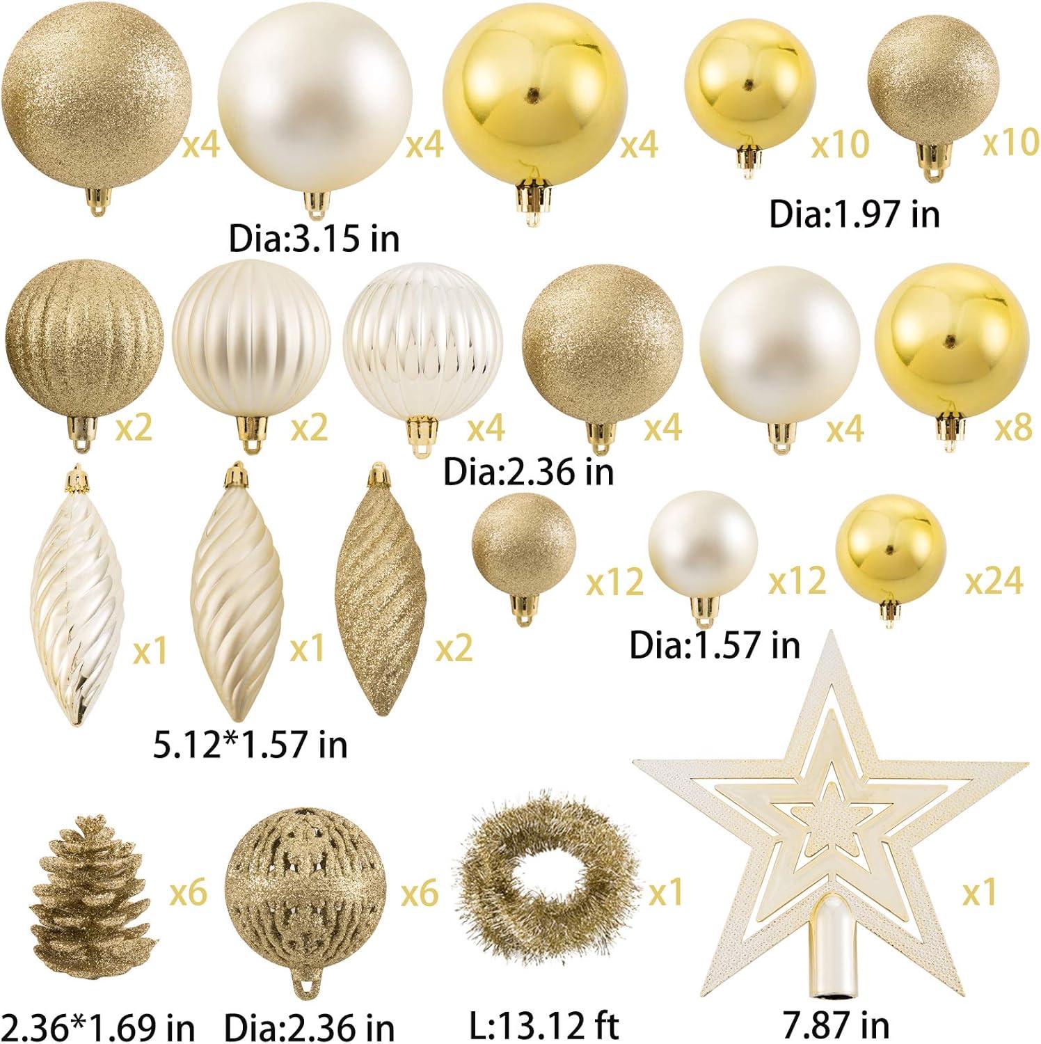 Golden Shatterproof Plastic Christmas Ornament Set with 119 Pieces