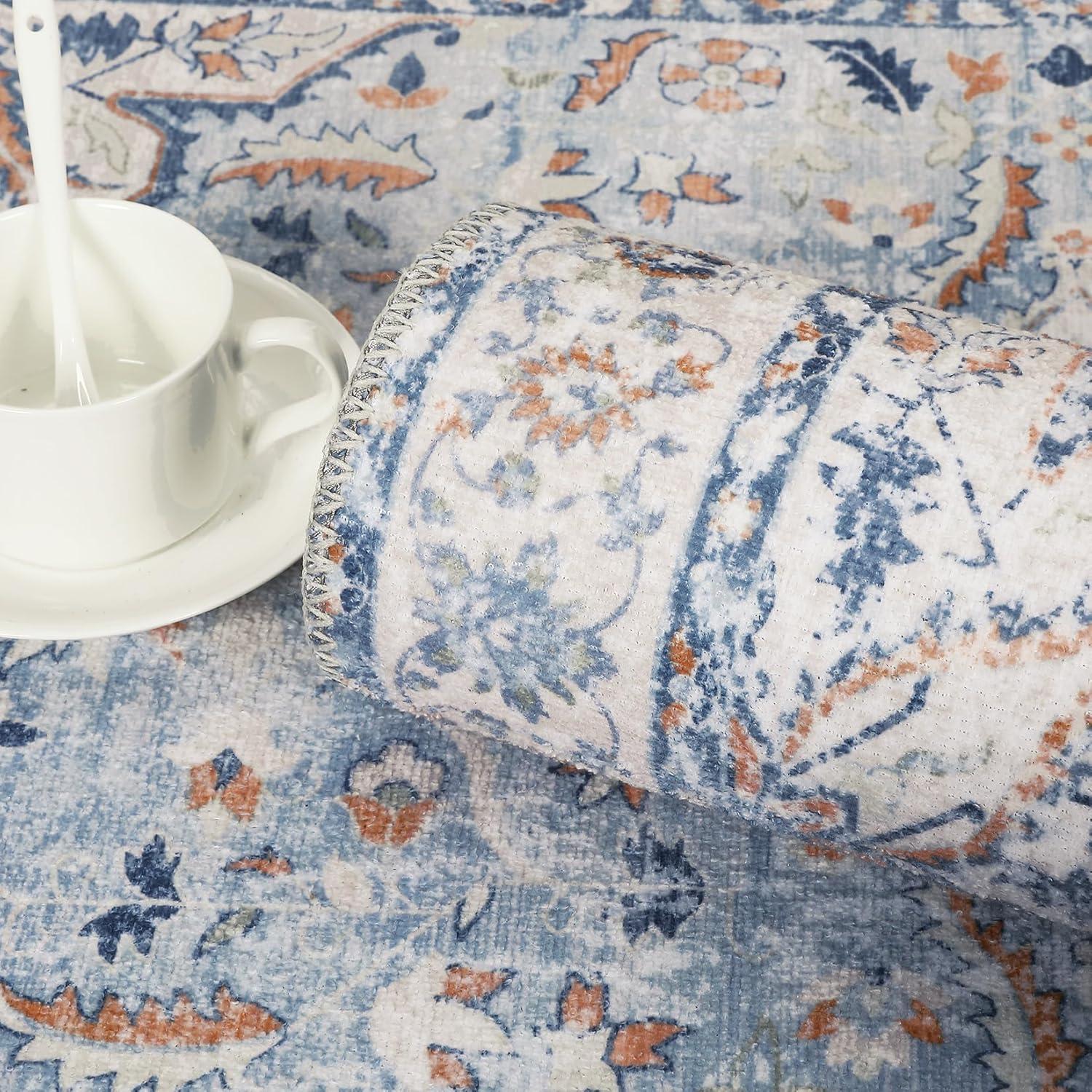 9x12 Area Rug Vintage Medallion Distressed Rug Machine Washable Area Rugs for Living Room Non-Slip Stain Resistant Accent Rug, Blue