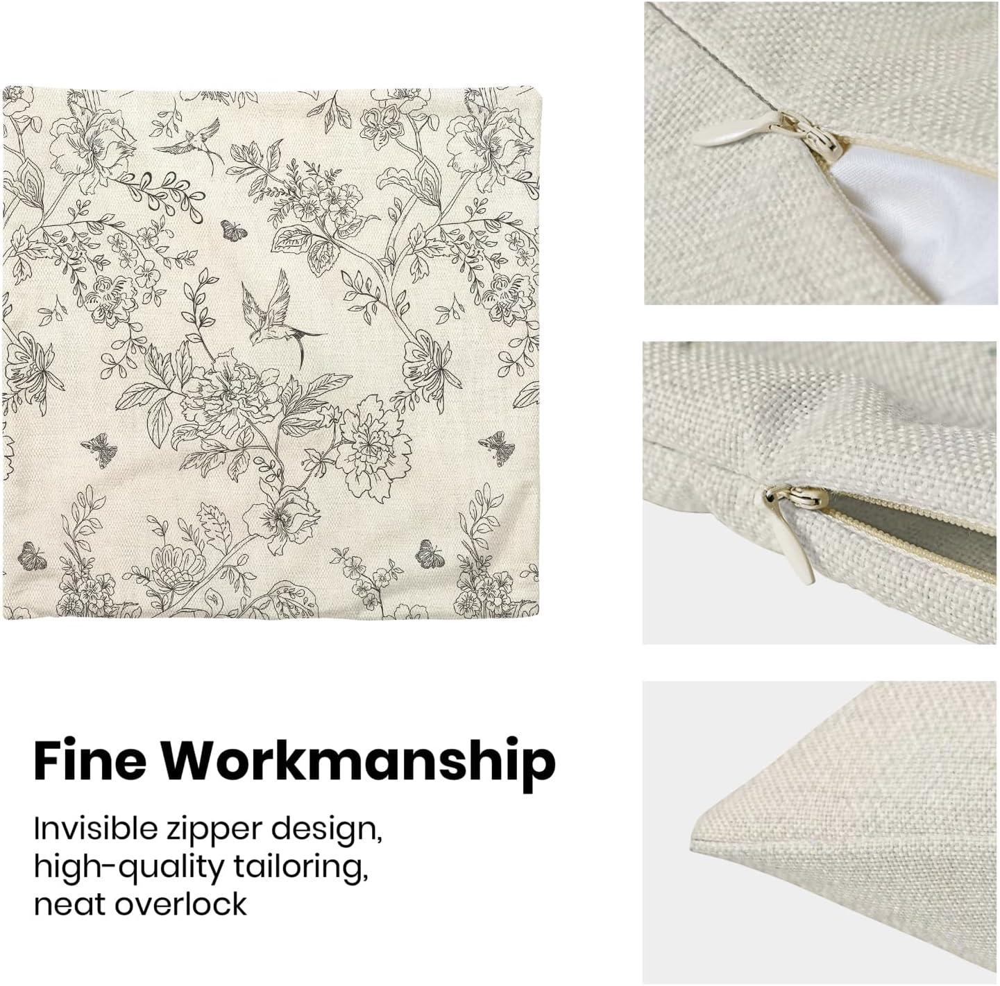 Chinoiseries Spring Pillow Covers 18x18 Set of 2, Black White Birds and Floral Throw Pillows Farmhouse Vintage Outdoor Decorative Cushion Case Decorations for Home Couch Sofa