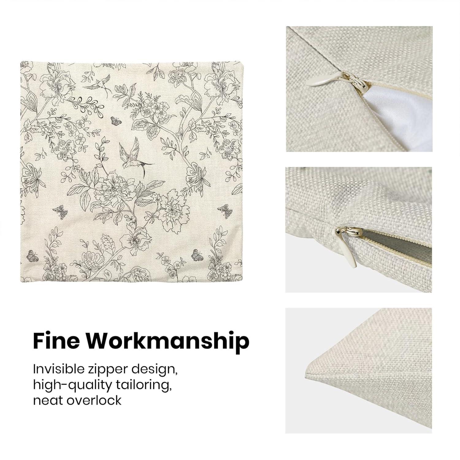 Chinoiseries Spring Pillow Covers 18x18 Set of 2, Black White Birds and Floral Throw Pillows Farmhouse Vintage Outdoor Decorative Cushion Case Decorations for Home Couch Sofa