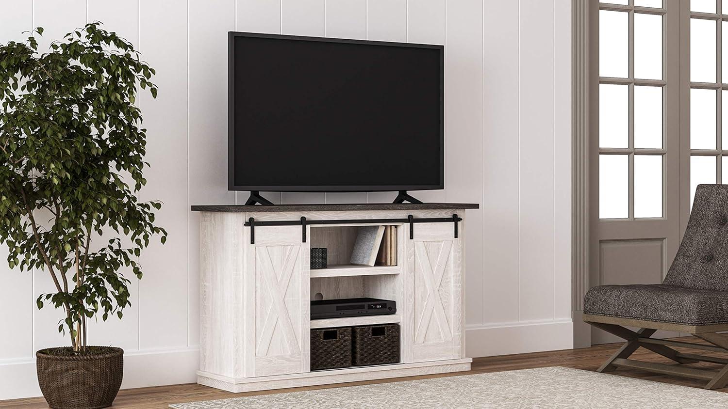 Signature Design by Ashley Dorrinson Medium TV Stand for TVs up to 63" Two-Tone: Farmhouse Media Console with Adjustable Shelves