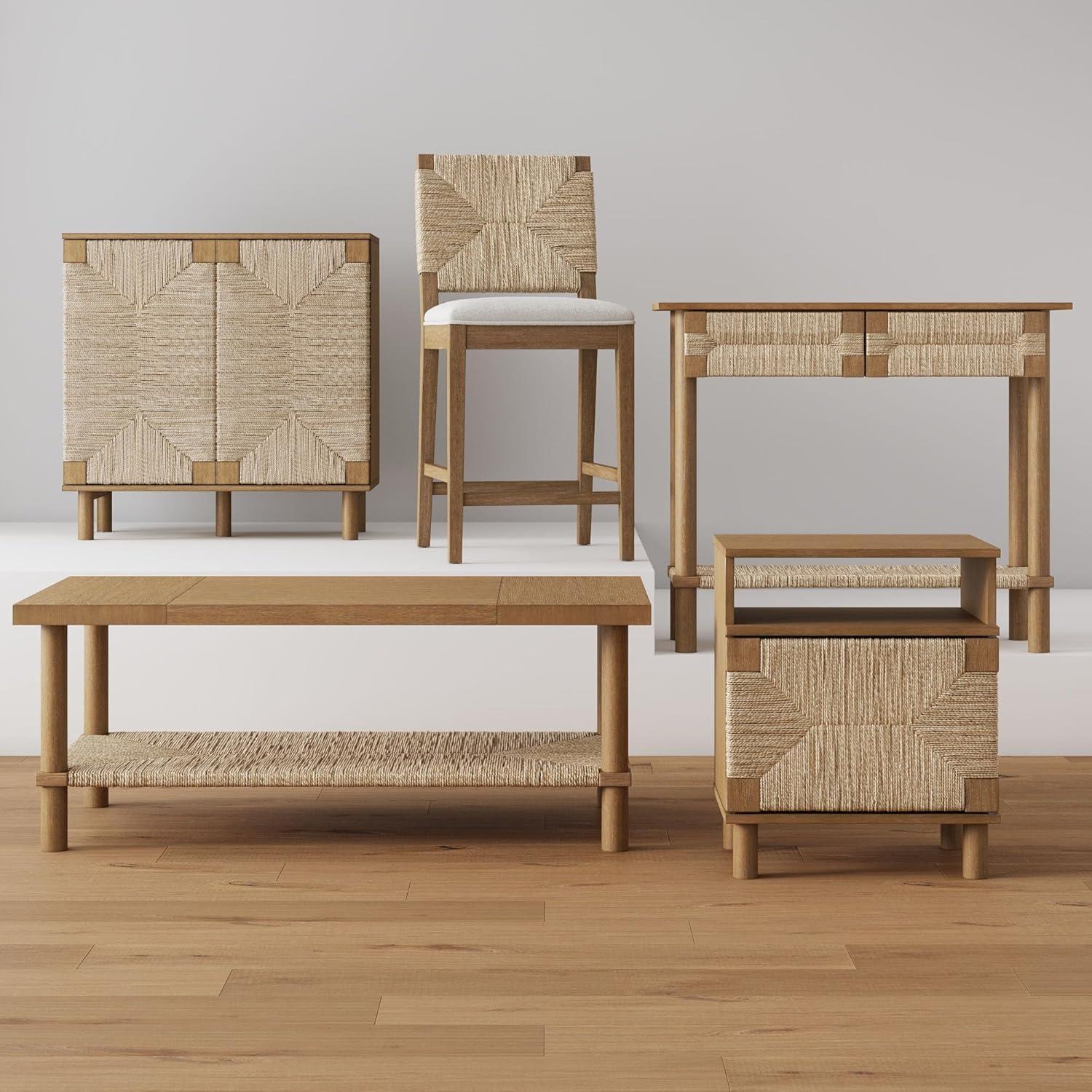 Nathan James Beacon Counter Height Barstool Seagrass Cream Boucle: Woven Backrest, Rubberwood Frame