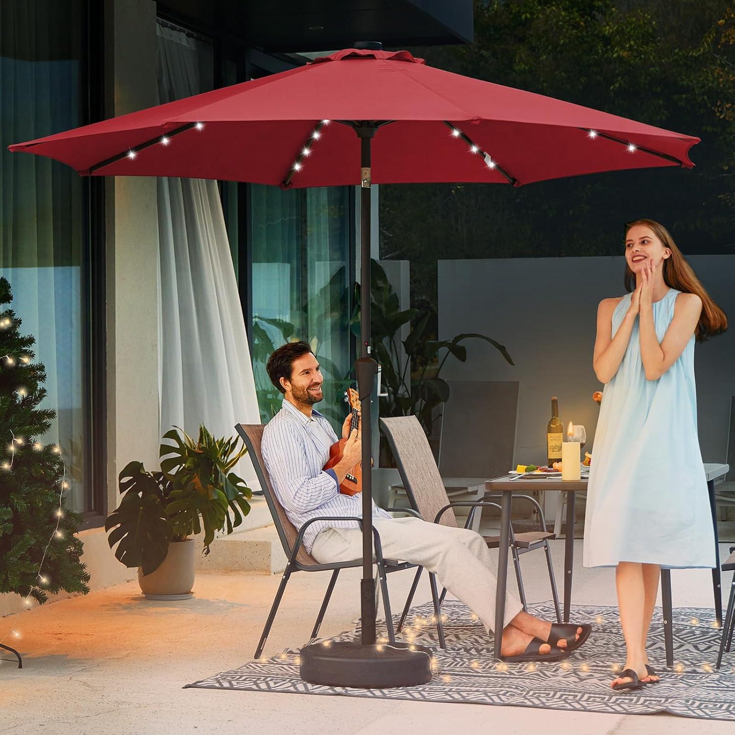 JEAREY Upgrade 9FT LED Lighted Patio Umbrella, Solar Outdoor Umbrella, Tilt Table Umbrella for Pool, Deck & Yard (Red)