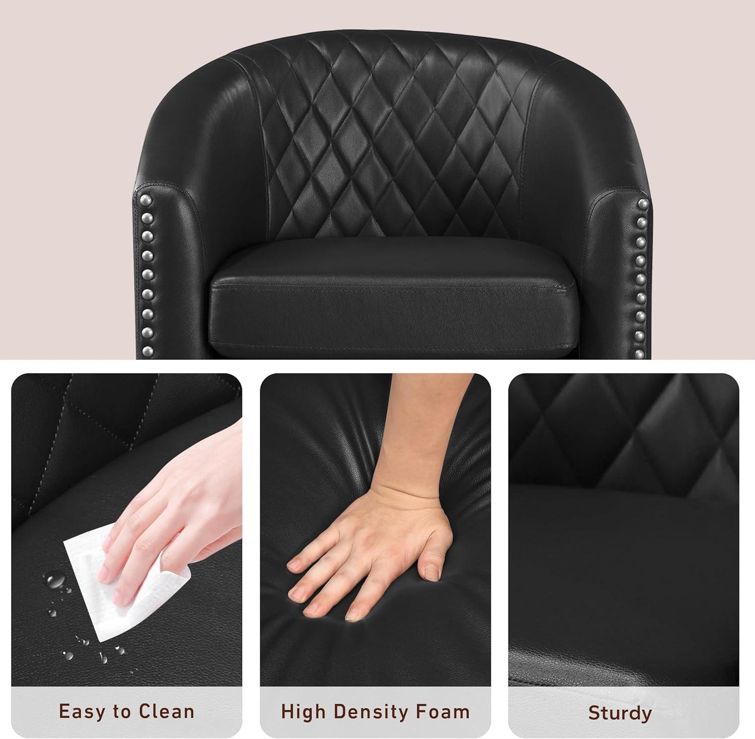 Prilinex Comfy Barrel Accent Chair Set of 2 - Faux Leather Living Room Chair Club Chair with Cushion, Diamond Grid Backrest & Nailhead Trim, Guest Chair for Office, Bedroom & Waiting Room, Black