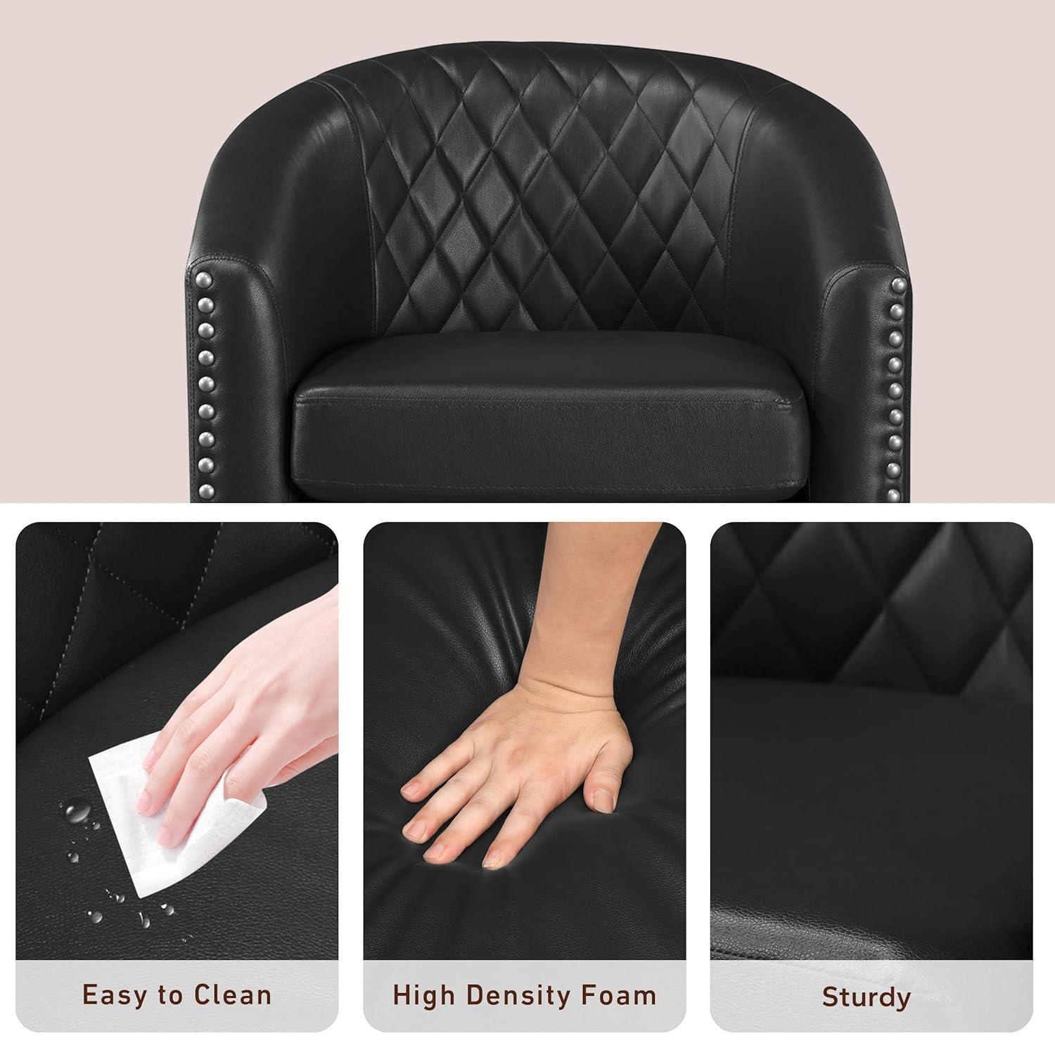 Prilinex Comfy Barrel Accent Chair Set of 2 - Faux Leather Living Room Chair Club Chair with Cushion, Diamond Grid Backrest & Nailhead Trim, Guest Chair for Office, Bedroom & Waiting Room, Black